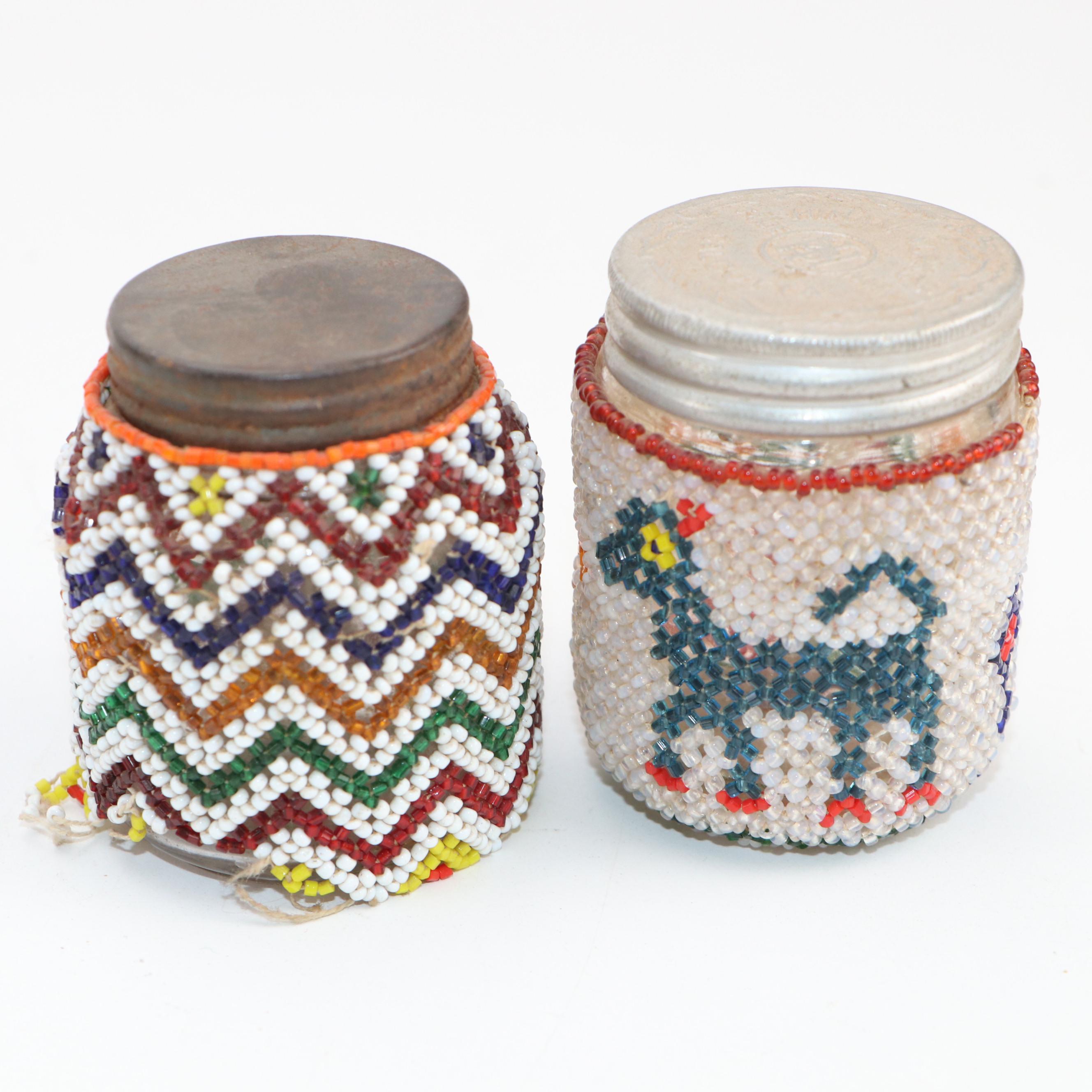Folk Art Bead Covered Glass Jars