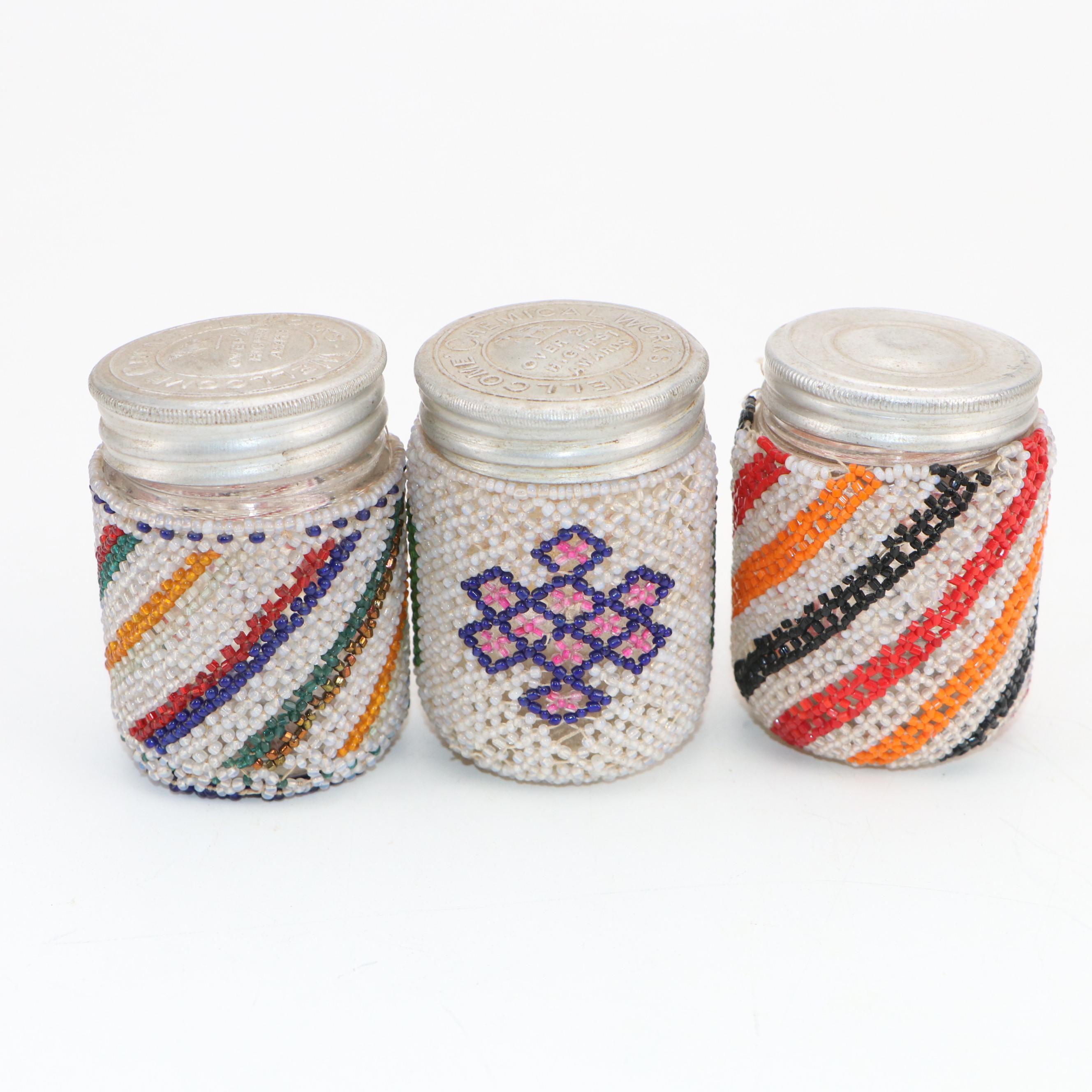 Folk Art Bead Covered Glass Jars