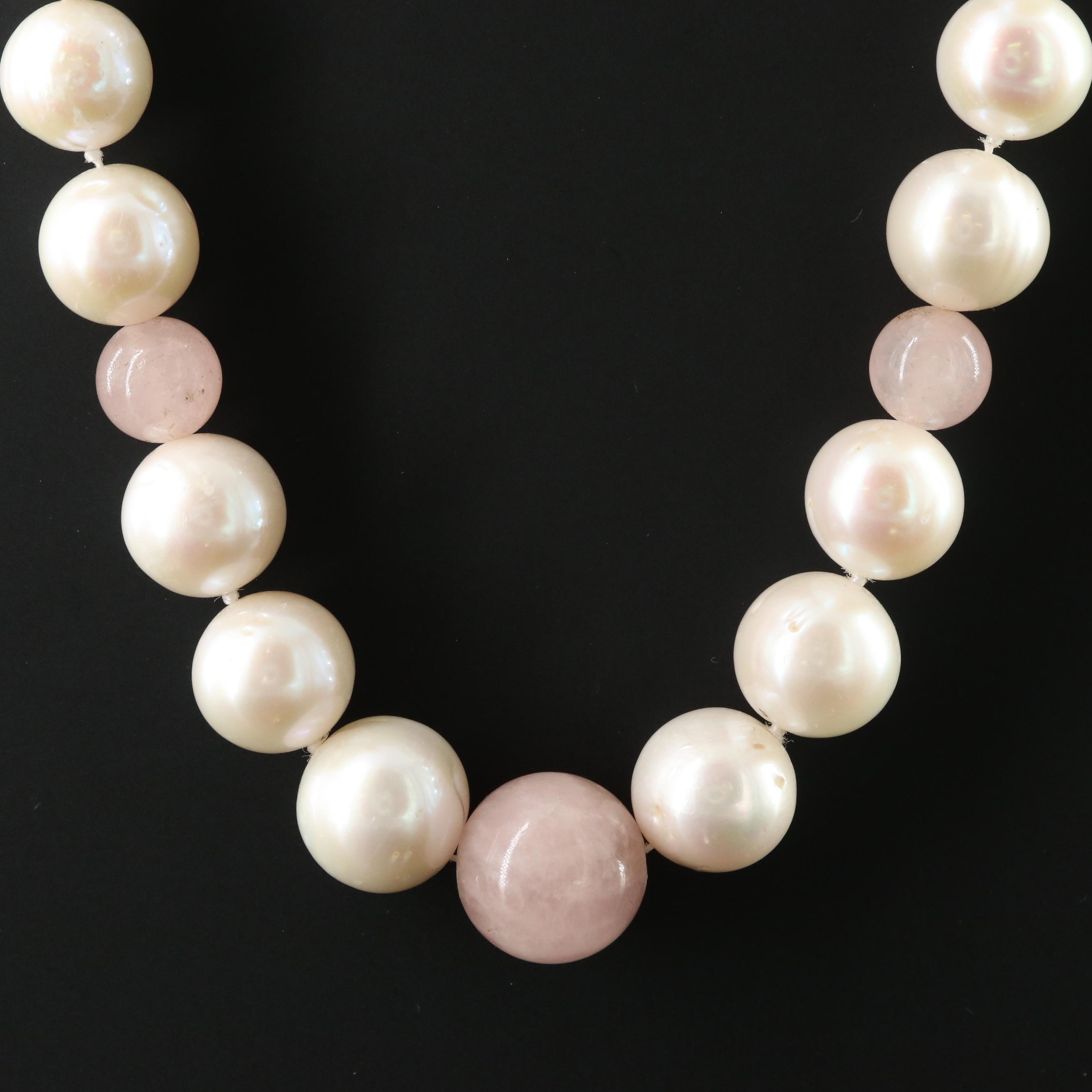 Pearl and Rose Quartz Necklace with Sterling Clasp