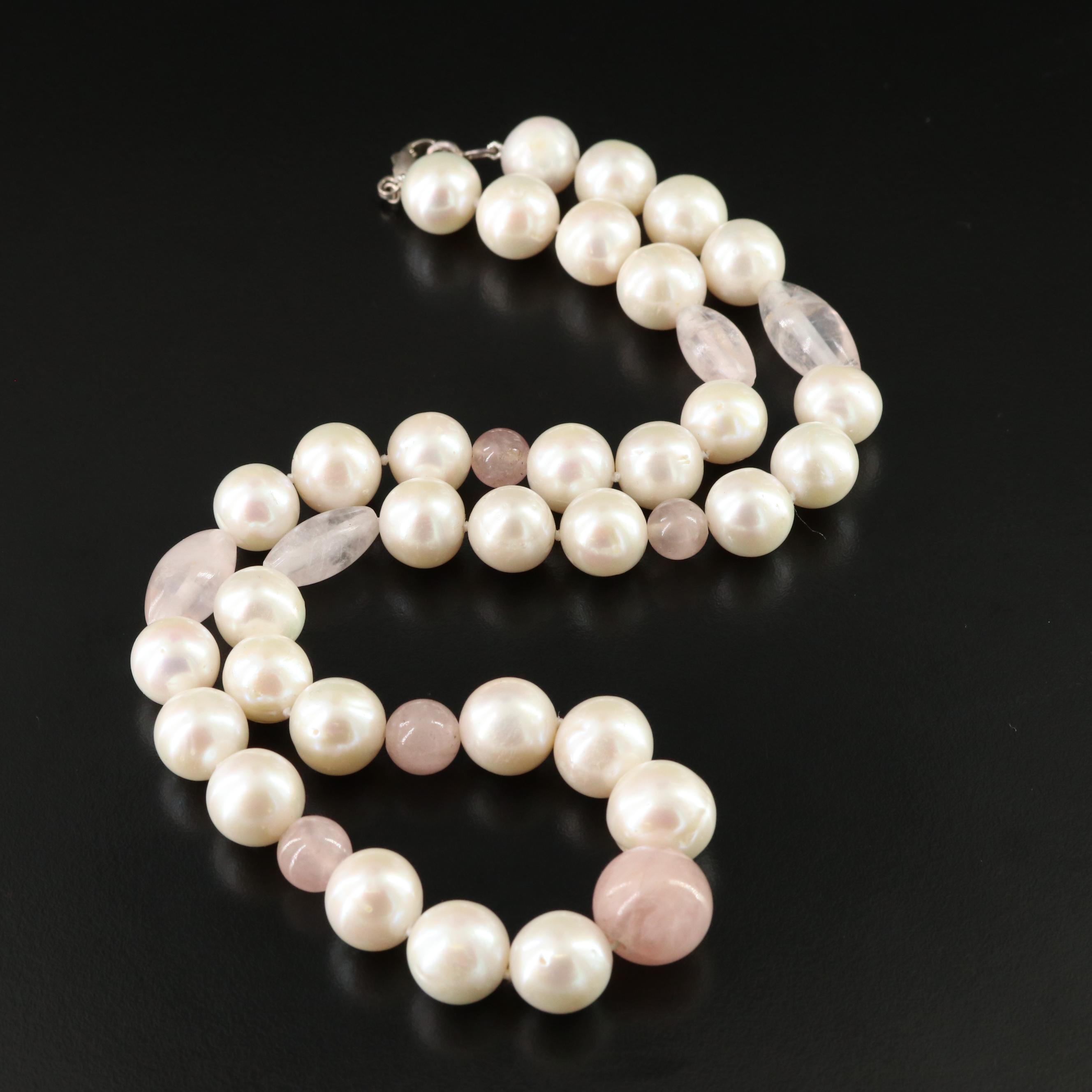 Pearl and Rose Quartz Necklace with Sterling Clasp
