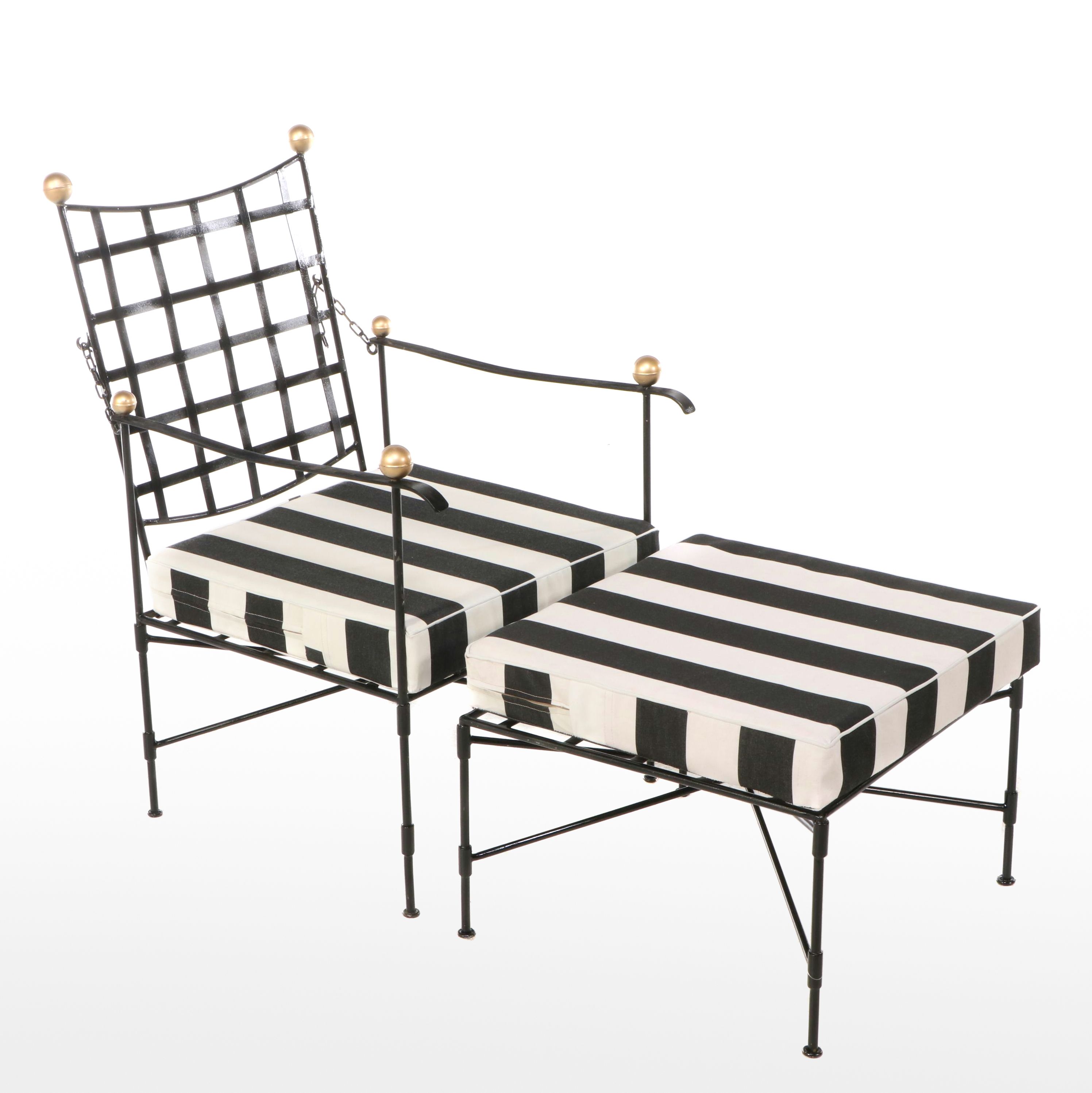 Regency Style Painted Iron Lounge Chair and Ottoman with Striped Cushions