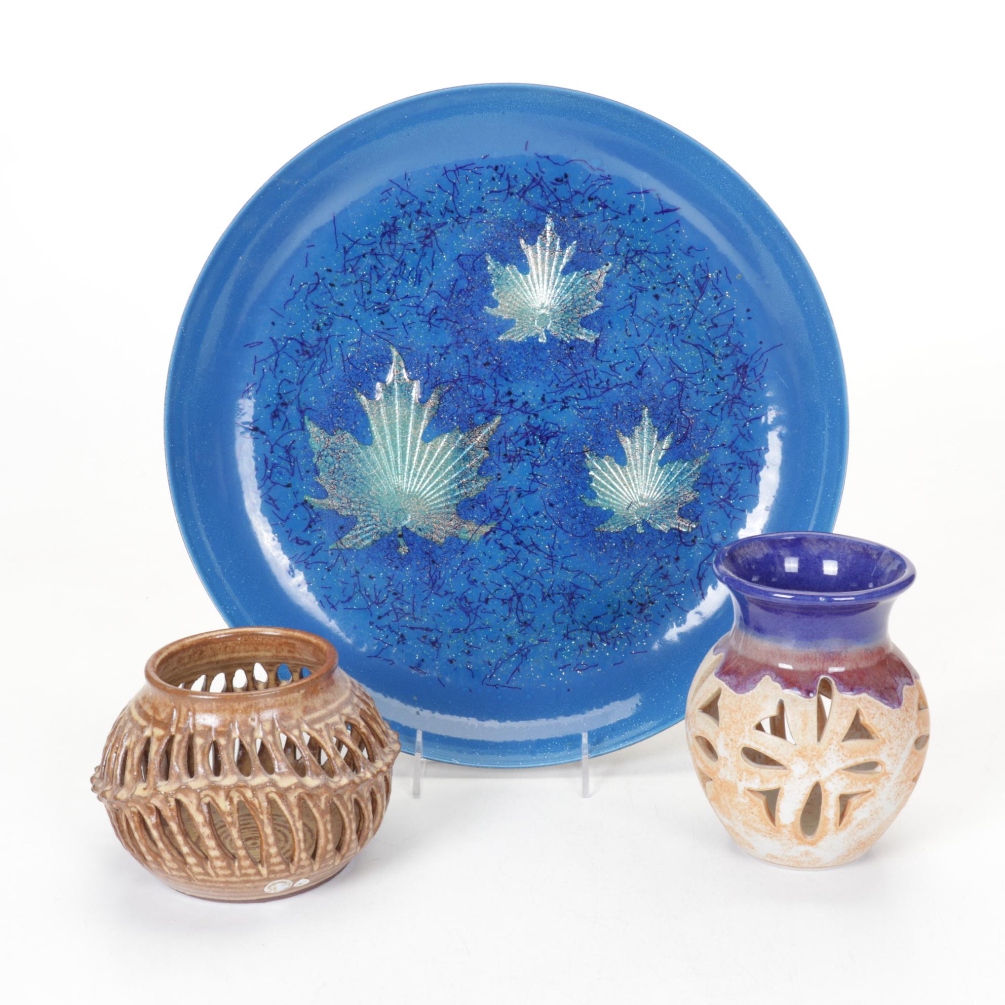 Artisan House Enamels Blue Maple Leaf Bowl with Two Hand Thrown Pierced Pots