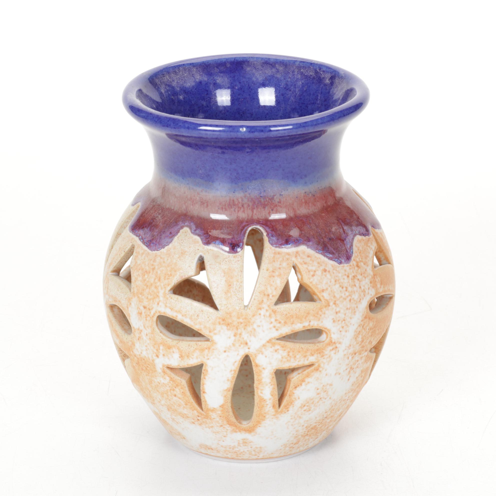 Artisan House Enamels Blue Maple Leaf Bowl with Two Hand Thrown Pierced Pots