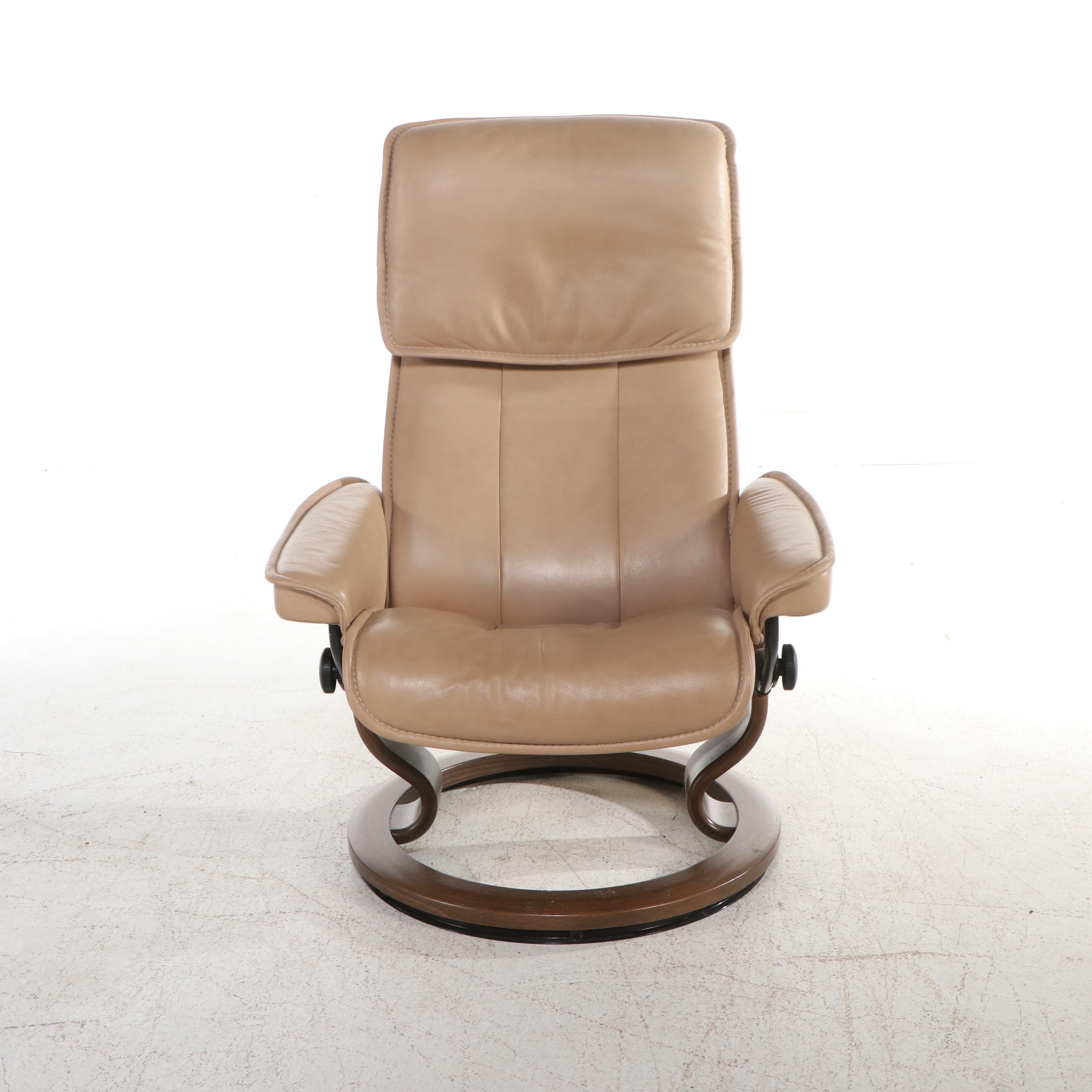 Stressless Leather and Wood Lounge Chair with Ottoman