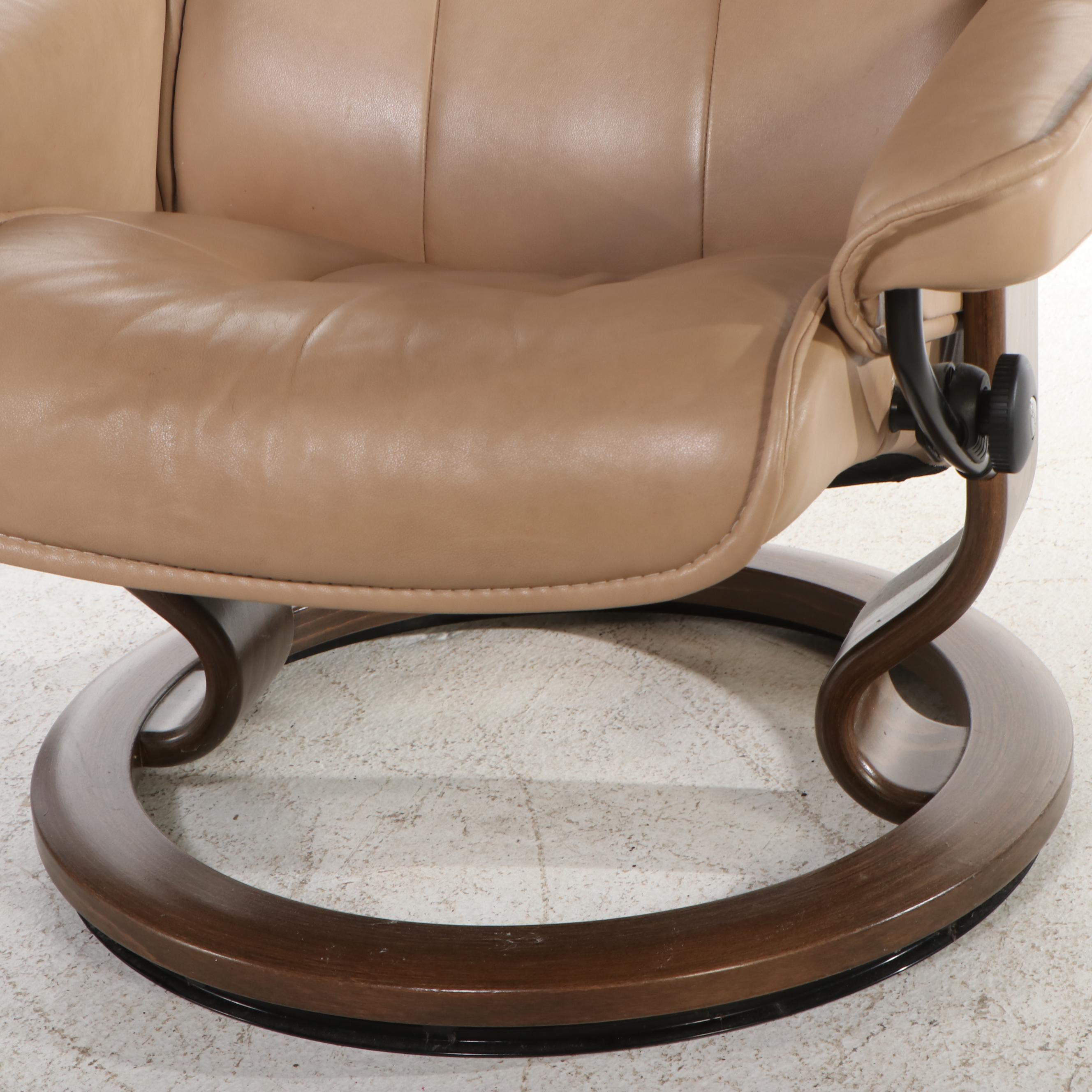 Stressless Leather and Wood Lounge Chair with Ottoman