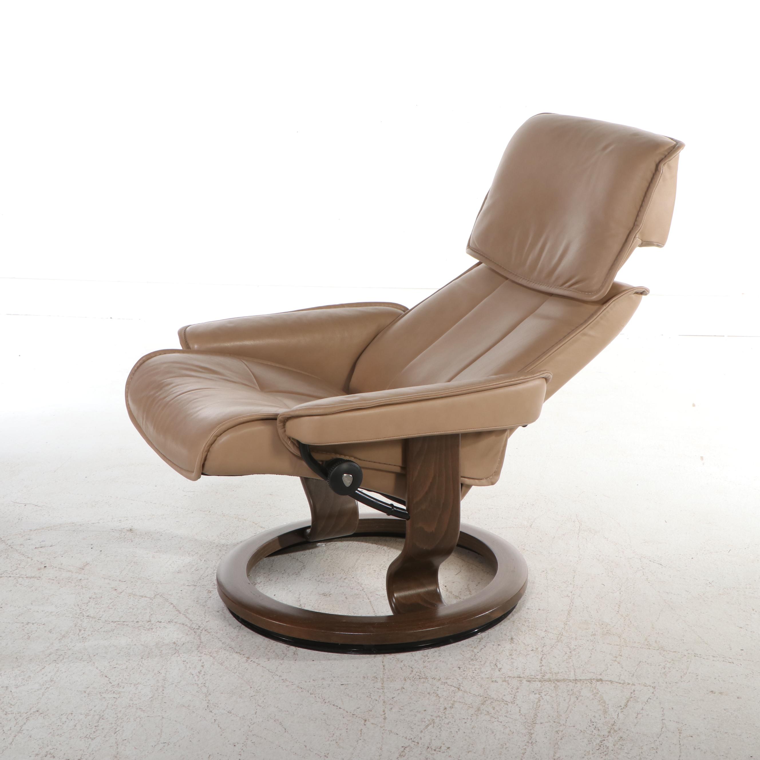 Stressless Leather and Wood Lounge Chair with Ottoman