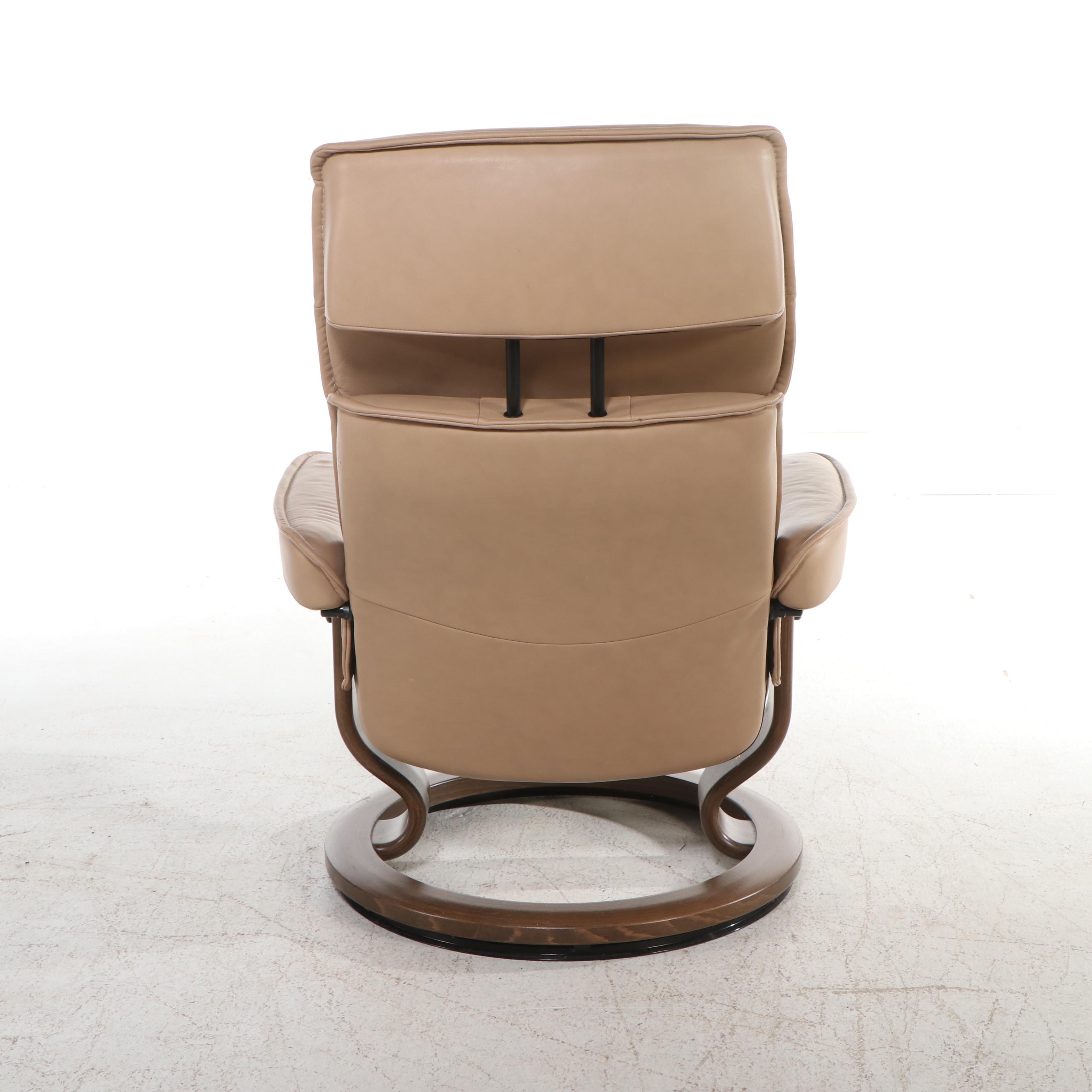 Stressless Leather and Wood Lounge Chair with Ottoman