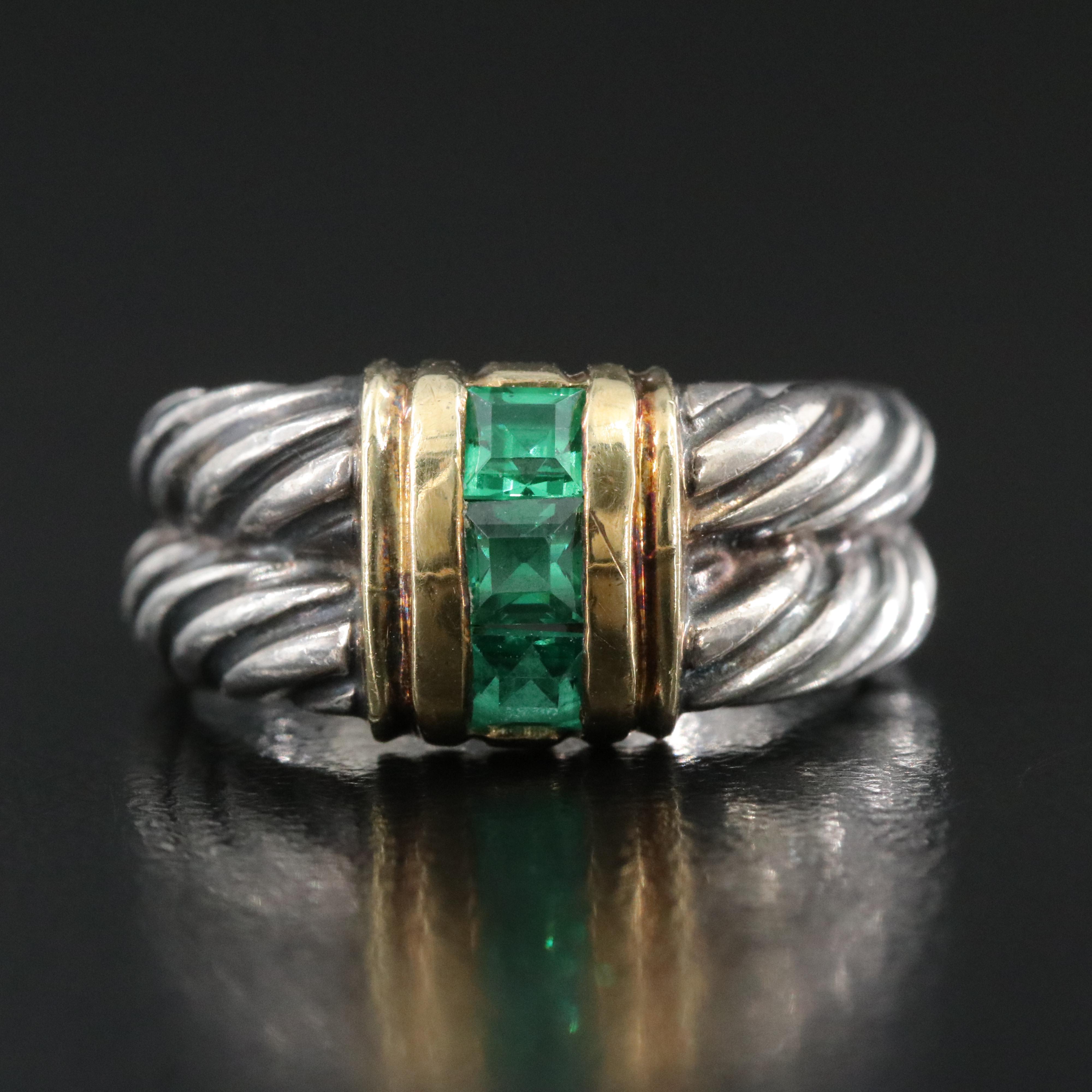 David Yurman Sterling and 14K Emerald Ring