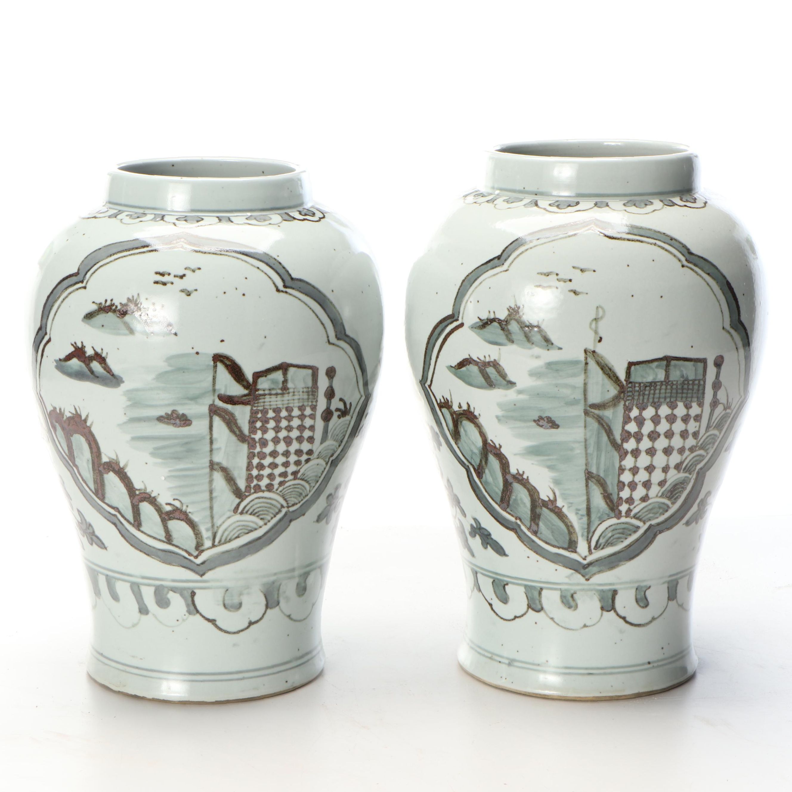 Pair of Chinese Style Hand-Painted Ceramic Vases