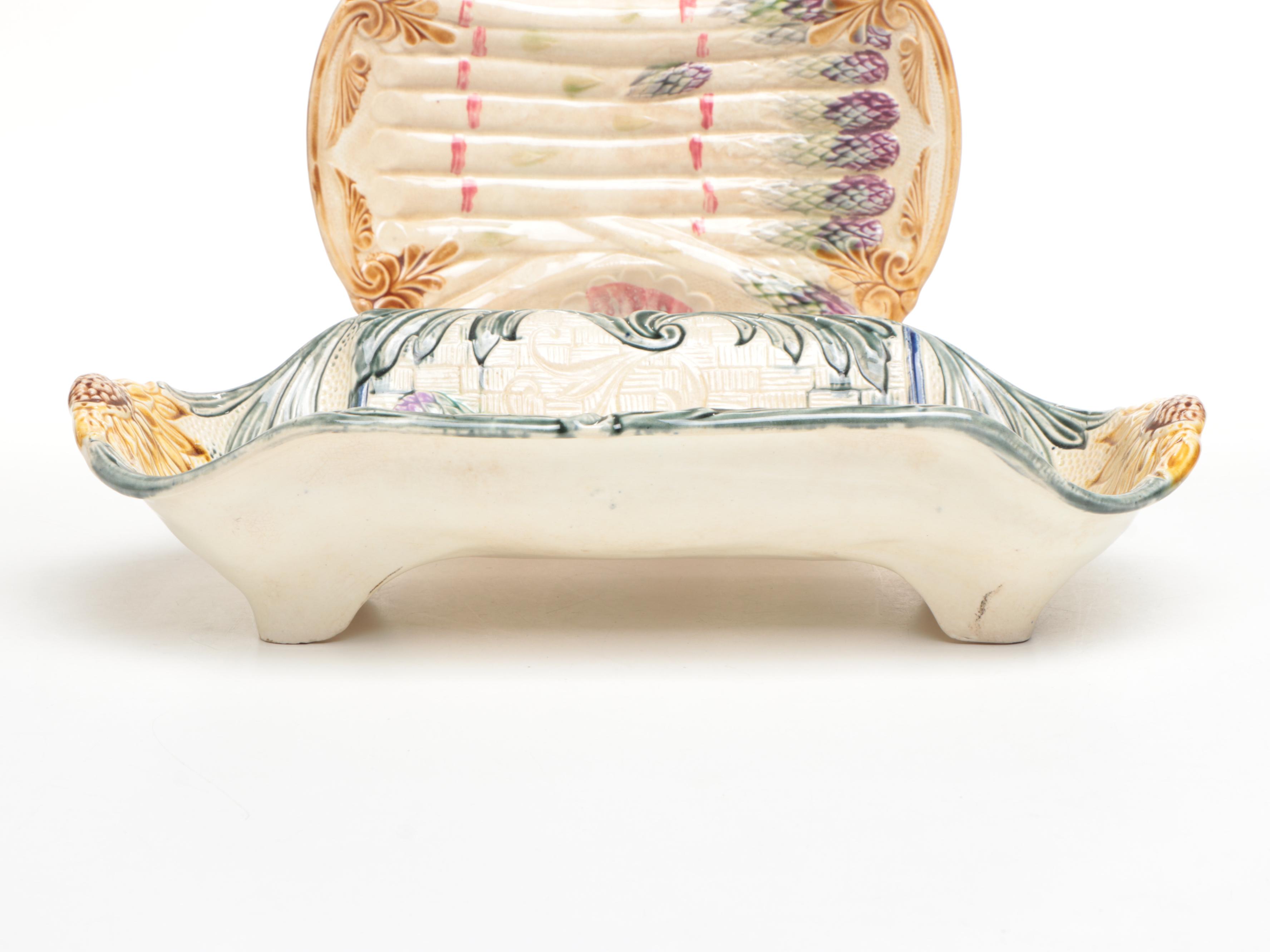 French Style Majolica Asparagus Plate and Platter, Late 19th/Early 20th Century