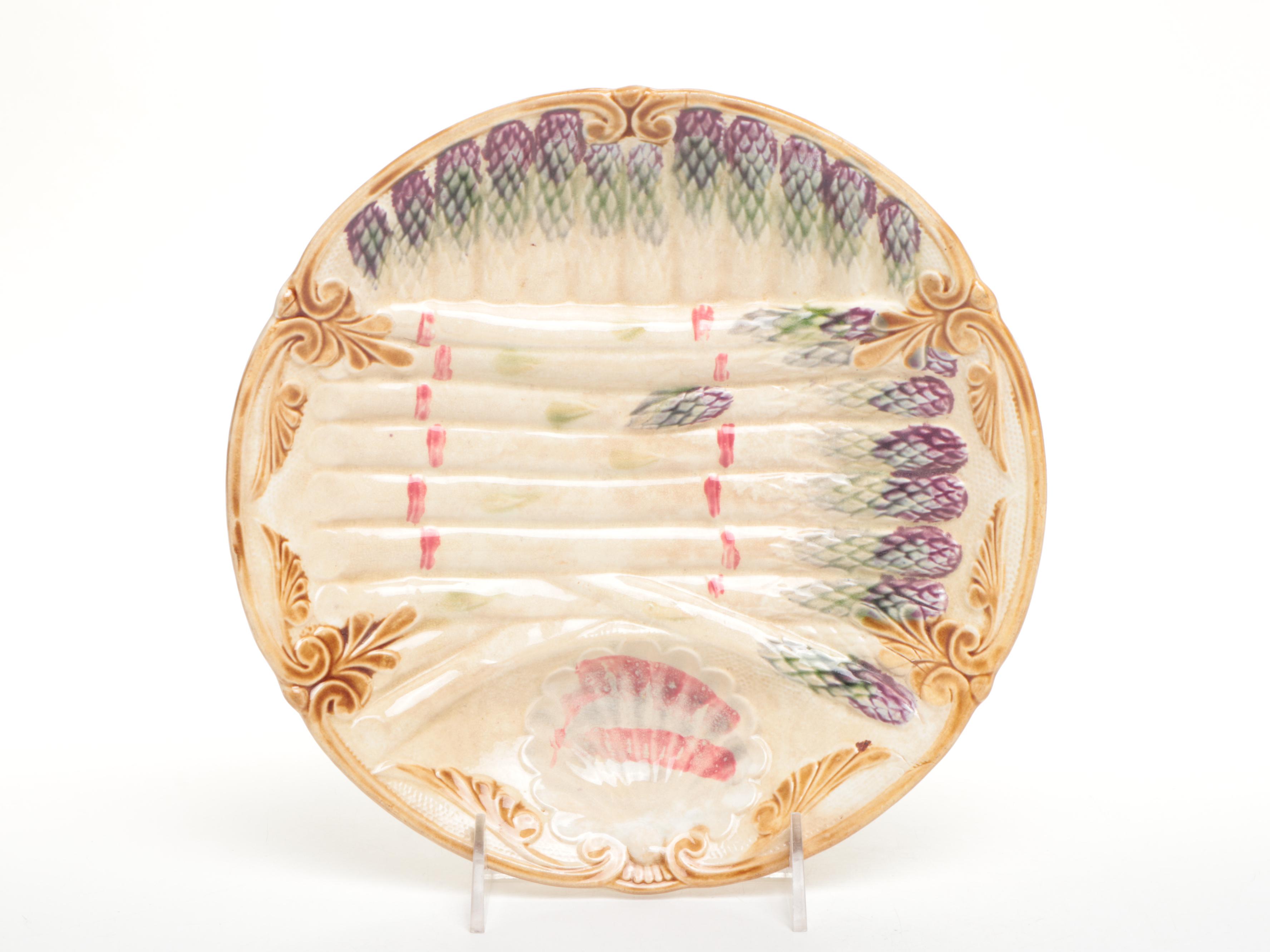 French Style Majolica Asparagus Plate and Platter, Late 19th/Early 20th Century