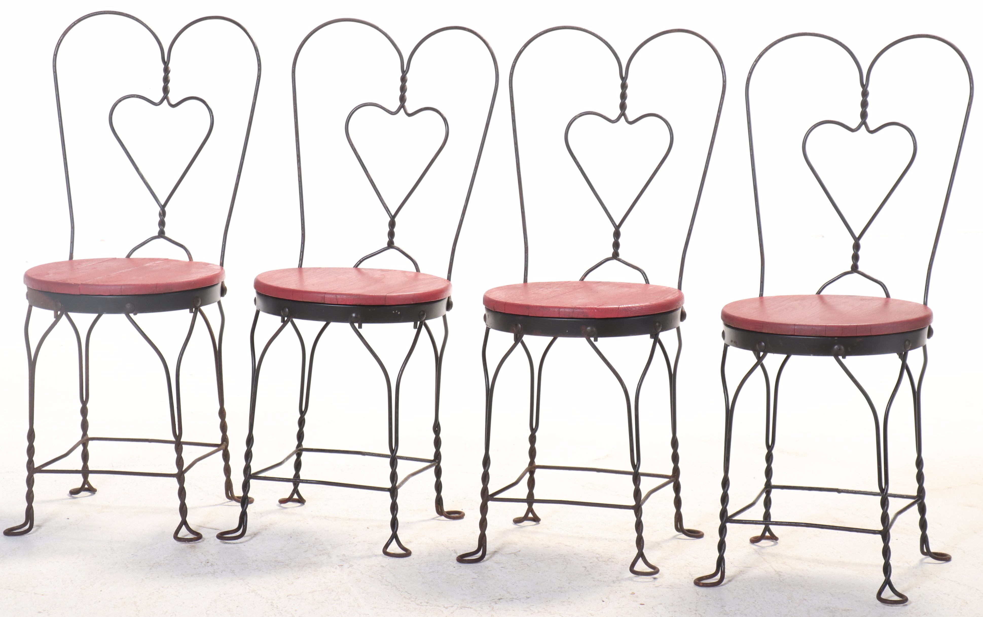 Set of Four Metal Heart Shaped Ice Cream Parlor Chairs with Wooden Seats