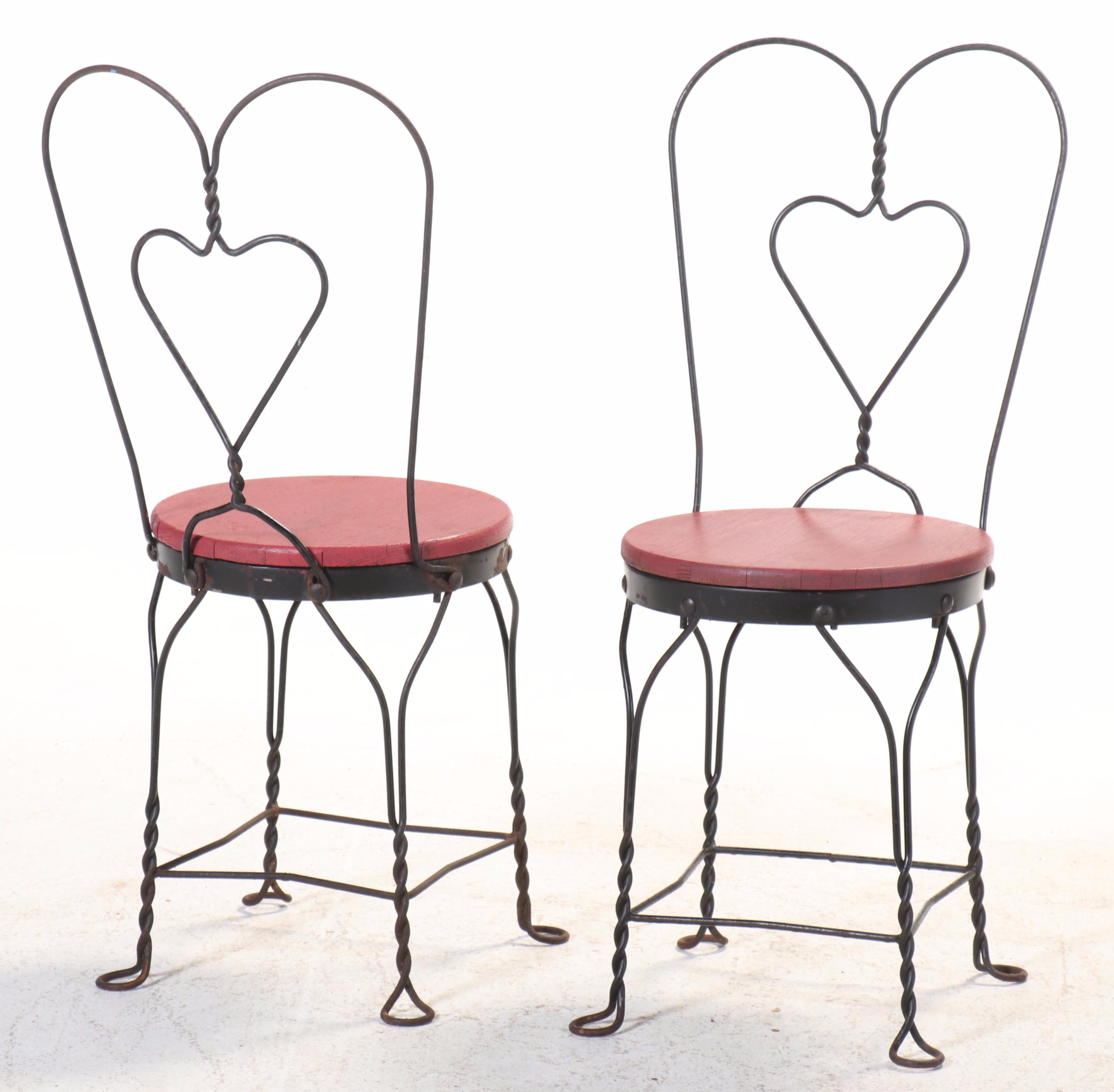 Set of Four Metal Heart Shaped Ice Cream Parlor Chairs with Wooden Seats