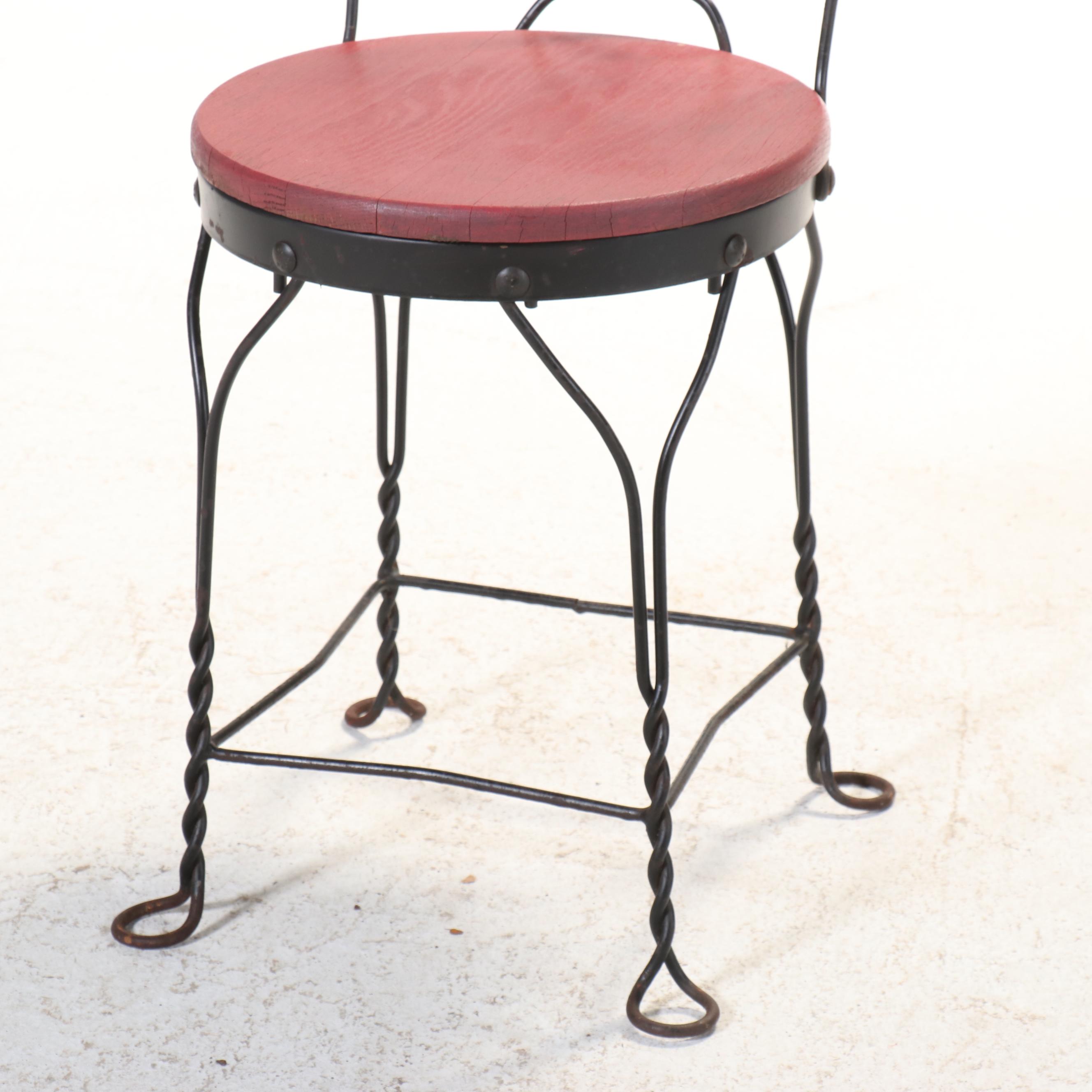 Set of Four Metal Heart Shaped Ice Cream Parlor Chairs with Wooden Seats