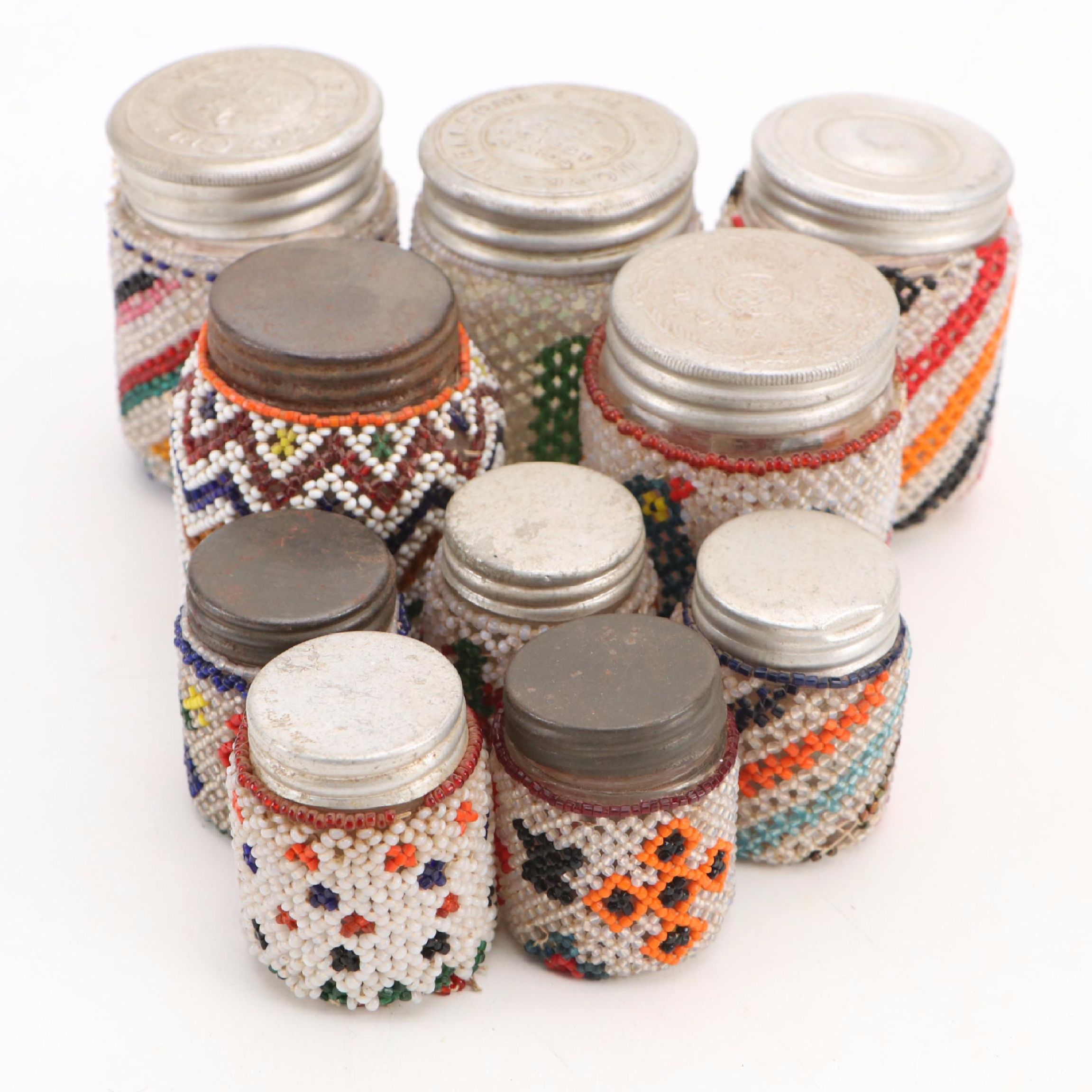 Folk Art Bead Covered Glass Jars