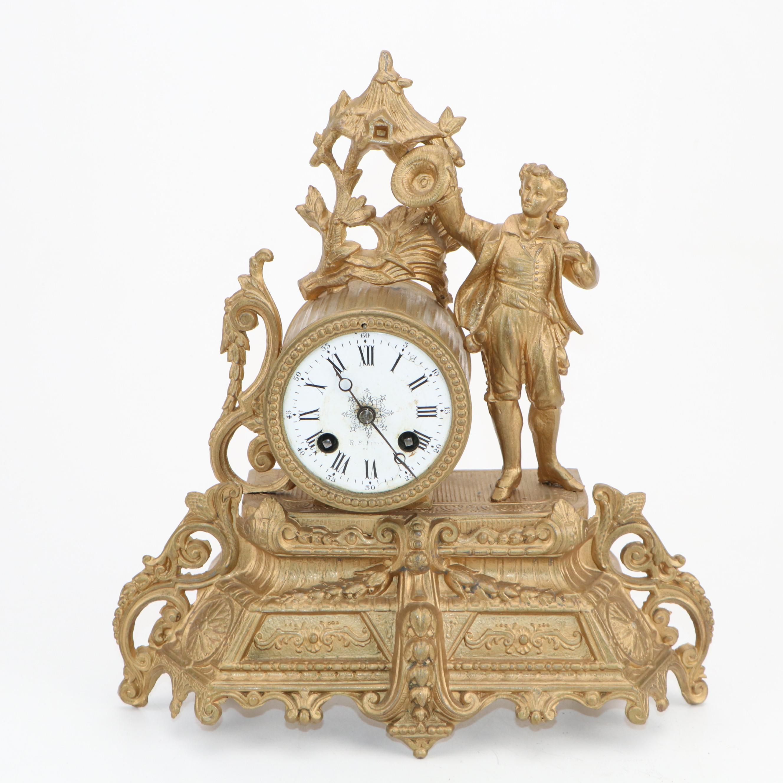 Brunfaut French Gilt Metal Figural Mantel Clock, Late 19th Century