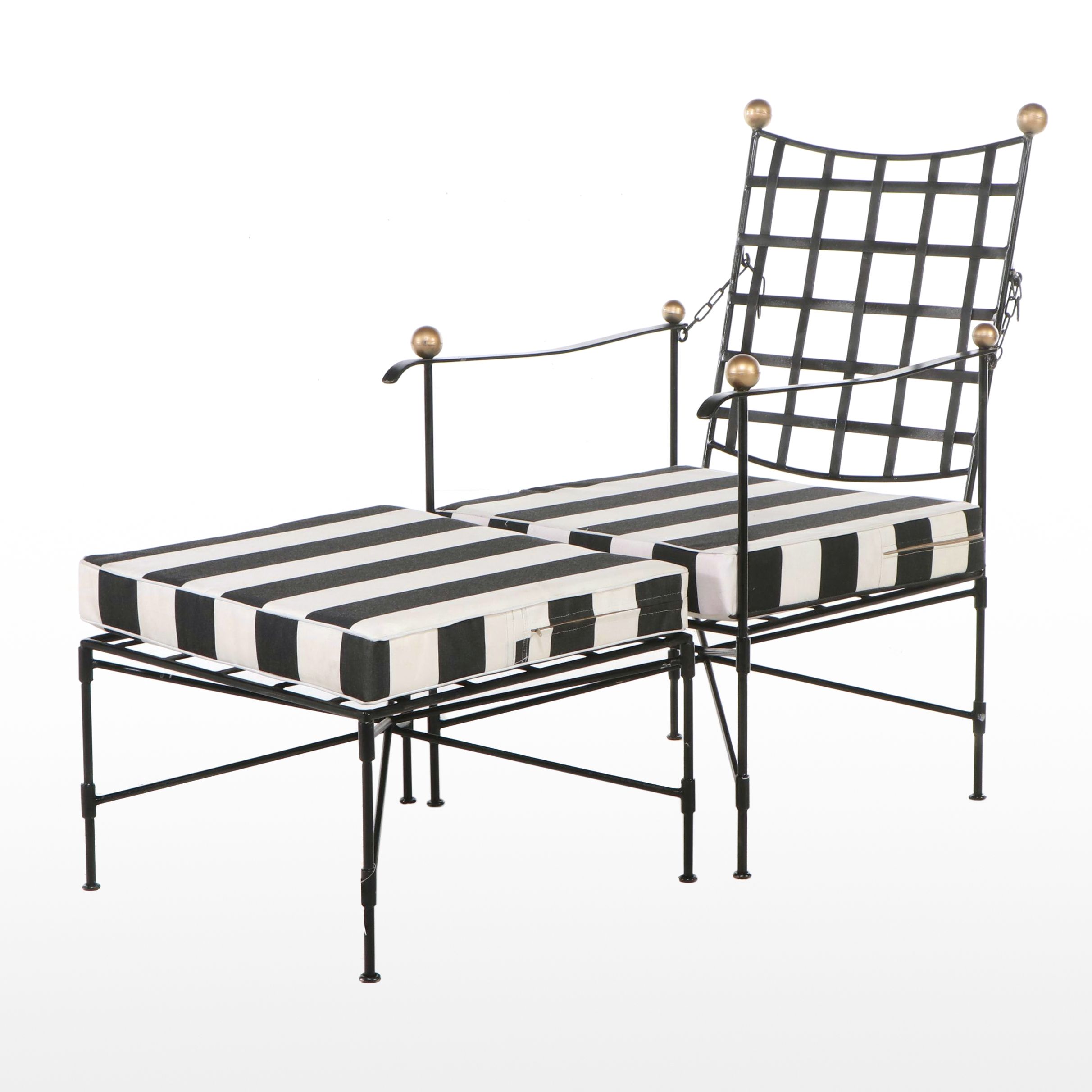 Regency Style Painted Iron Lounge Chair and Ottoman with Striped Cushions