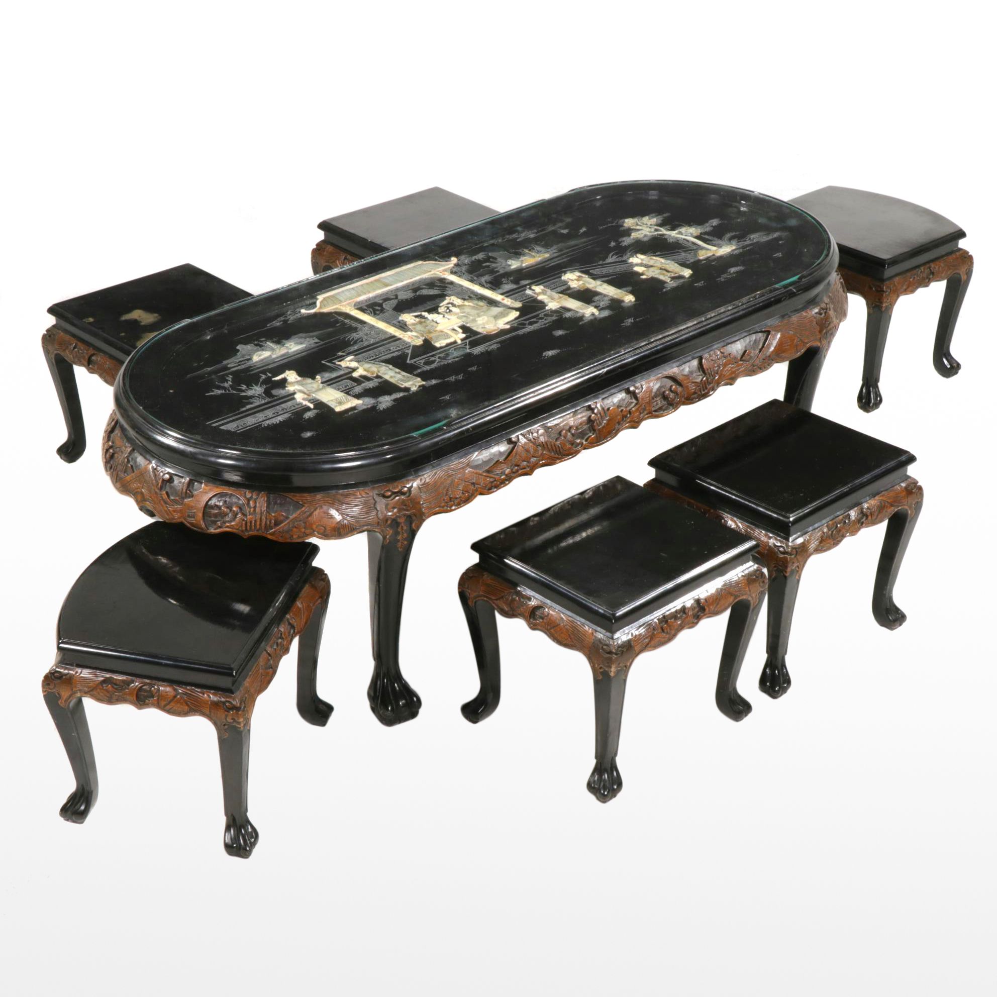 Chinese Carved Wood Coffee Table with Painted and Applied Decor and Six Stools