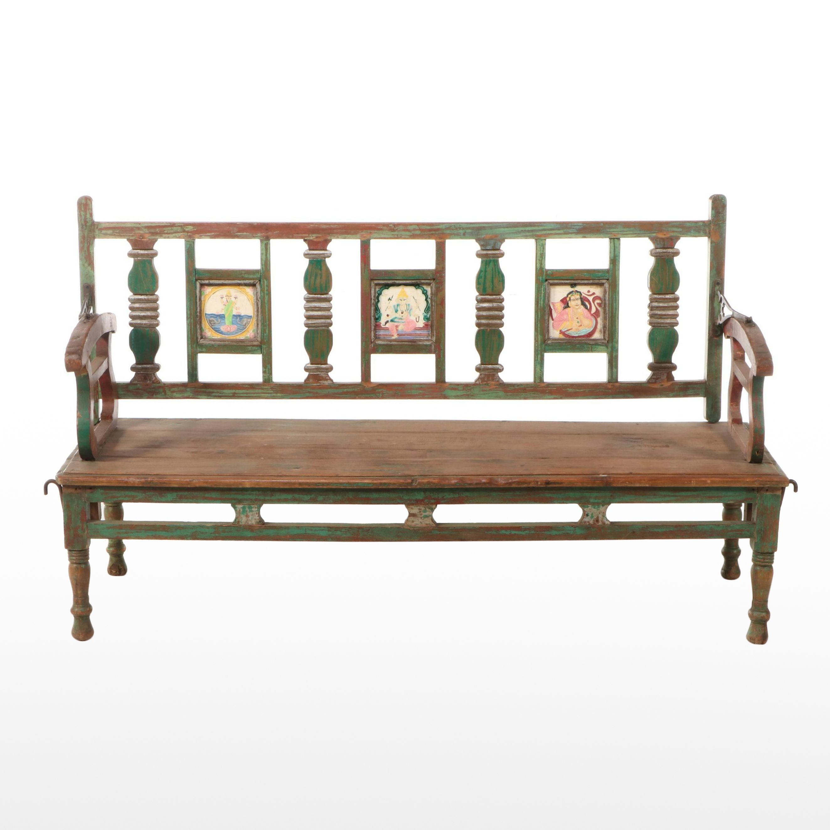 Indian Parcel-Painted Teak Bench with Ceramic Tile Accents
