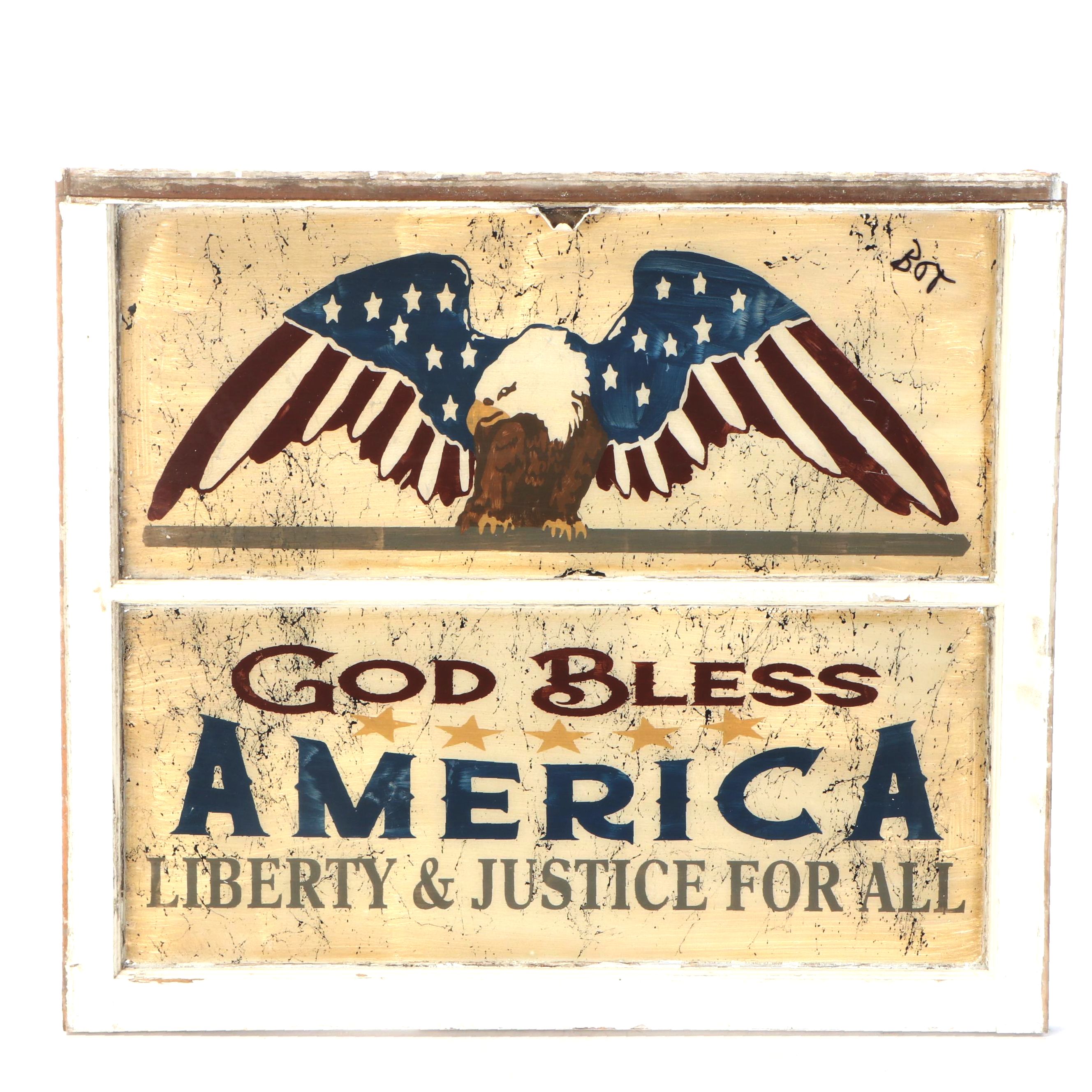 Vintage Style "God Bless America" Distressed Window Panel Sign, Contemporary