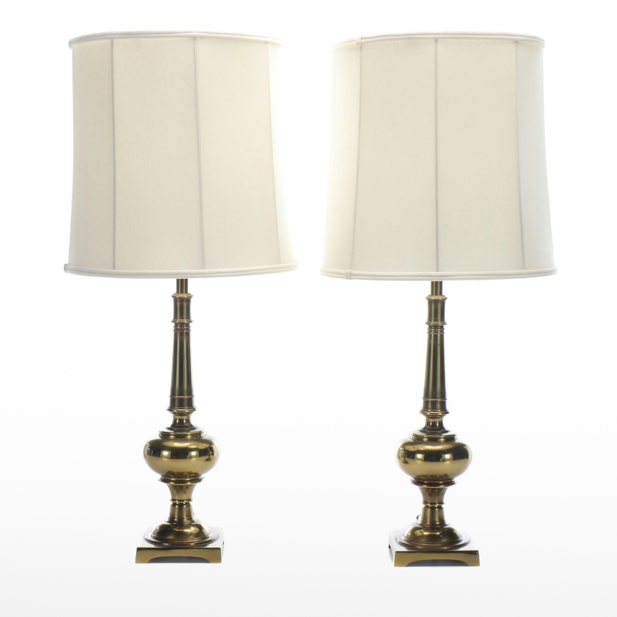 Pair of Stiffel Brass Tall Urn Table Lamps with Silk Panel Drum Shades