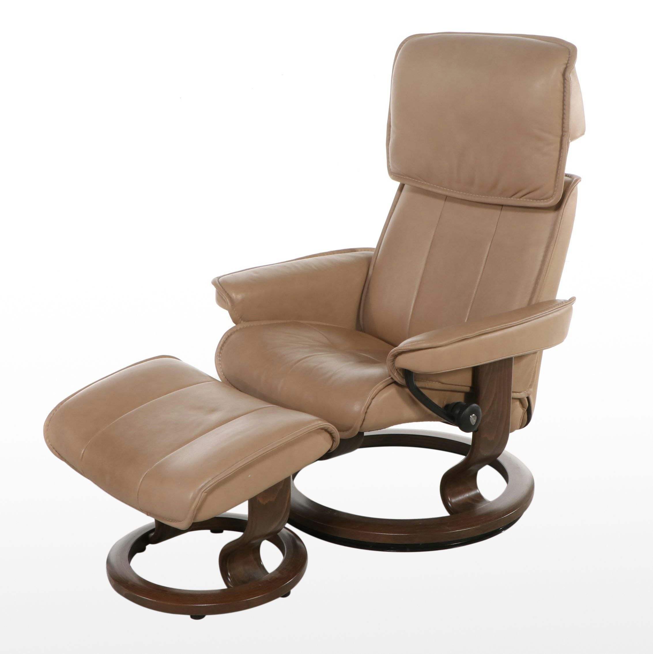 Stressless Leather and Wood Lounge Chair with Ottoman