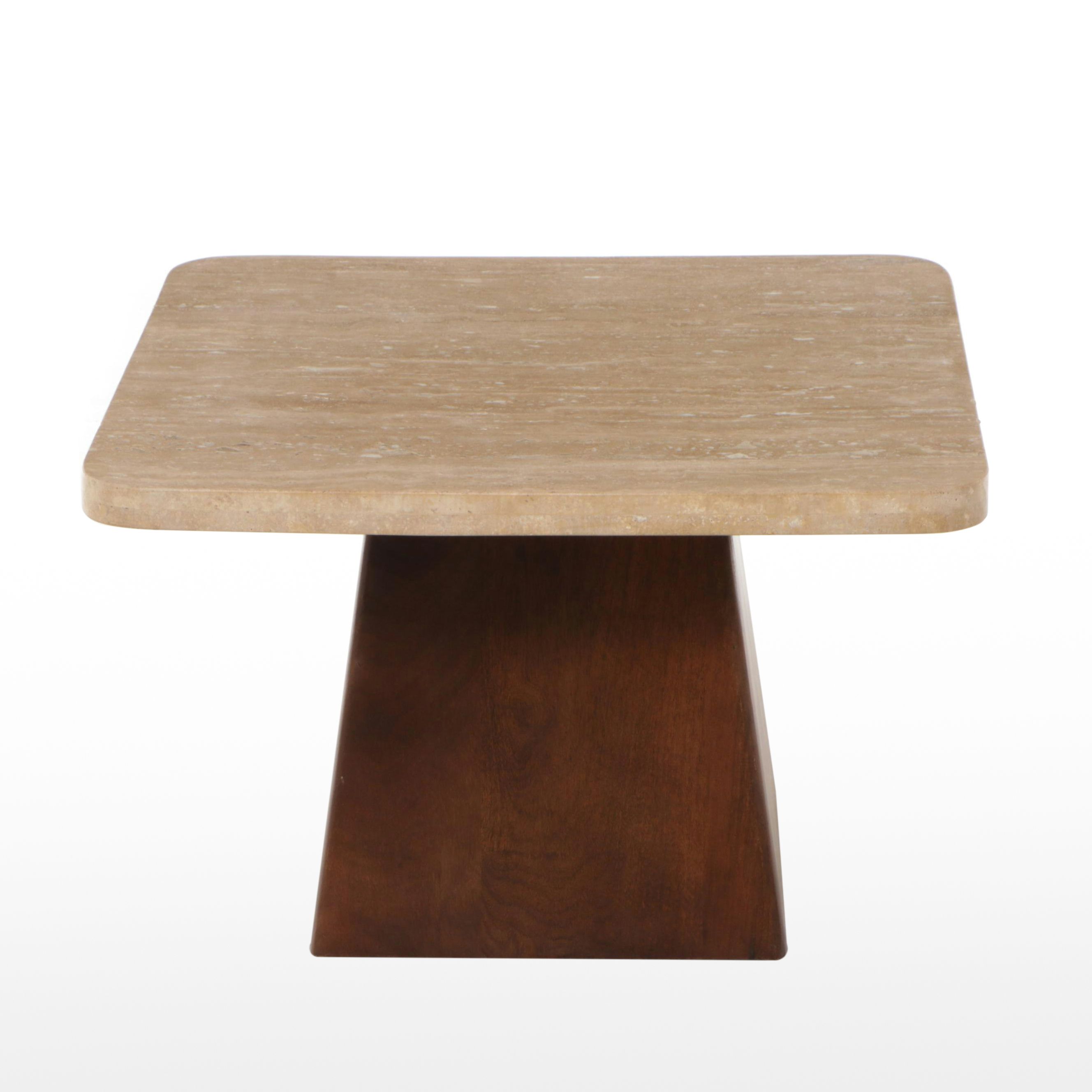 Mid Century Modern Style Travertine and Wood Pedestal Coffee Table