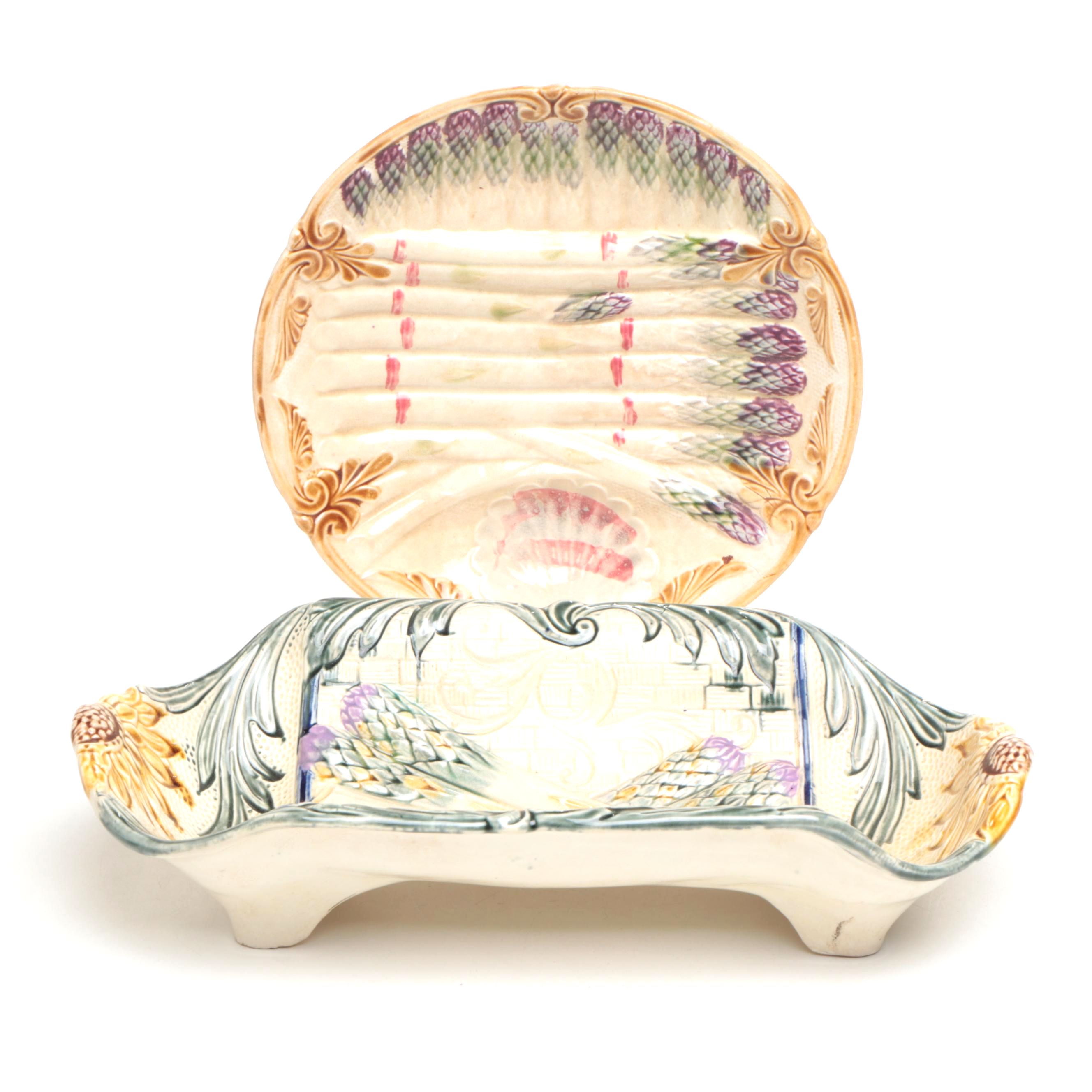 French Style Majolica Asparagus Plate and Platter, Late 19th/Early 20th Century