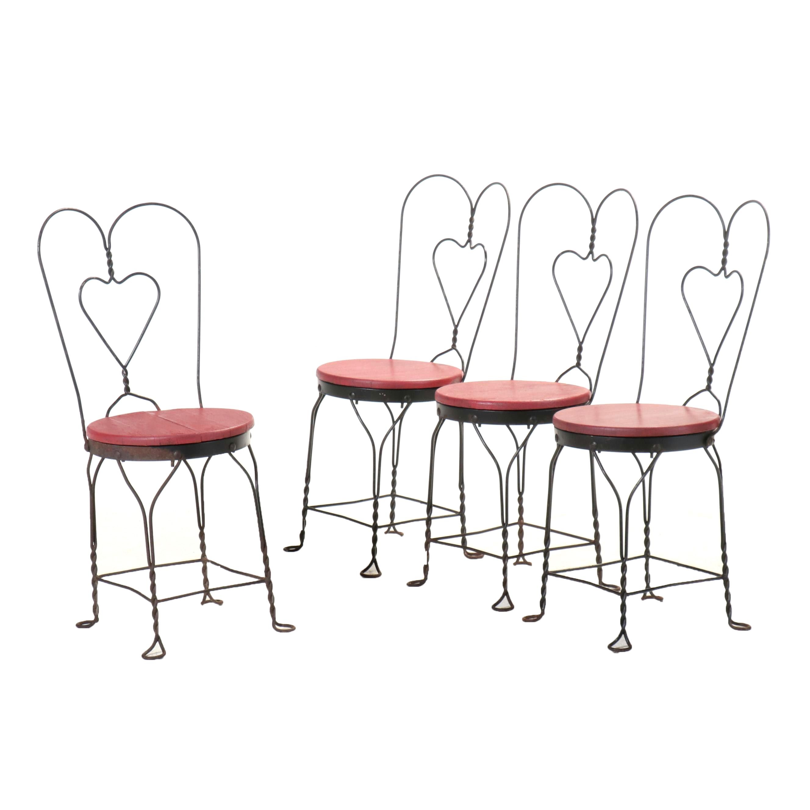 Set of Four Metal Heart Shaped Ice Cream Parlor Chairs with Wooden Seats