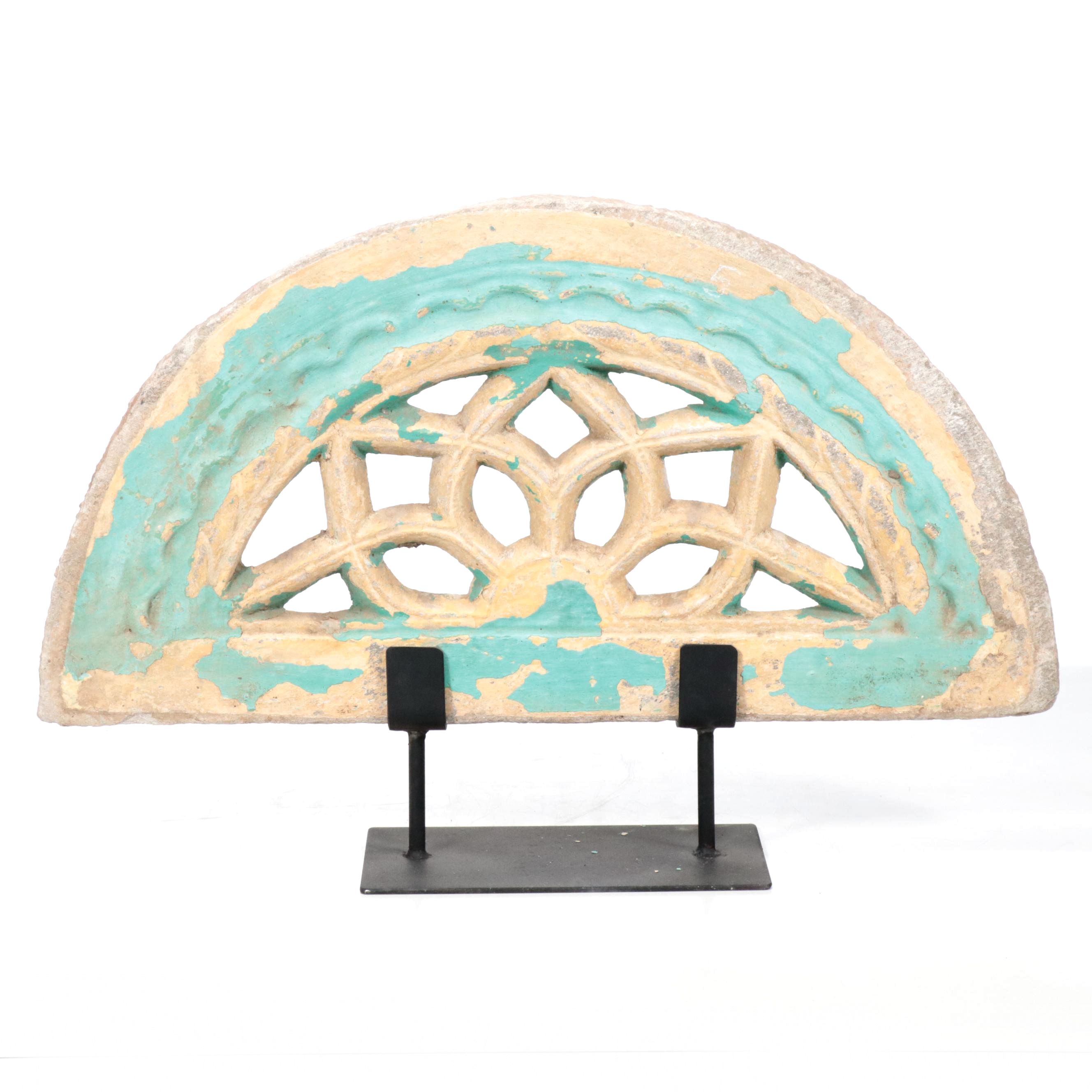 Indian Polychrome-Painted Carved Stone Jhali Transom Window