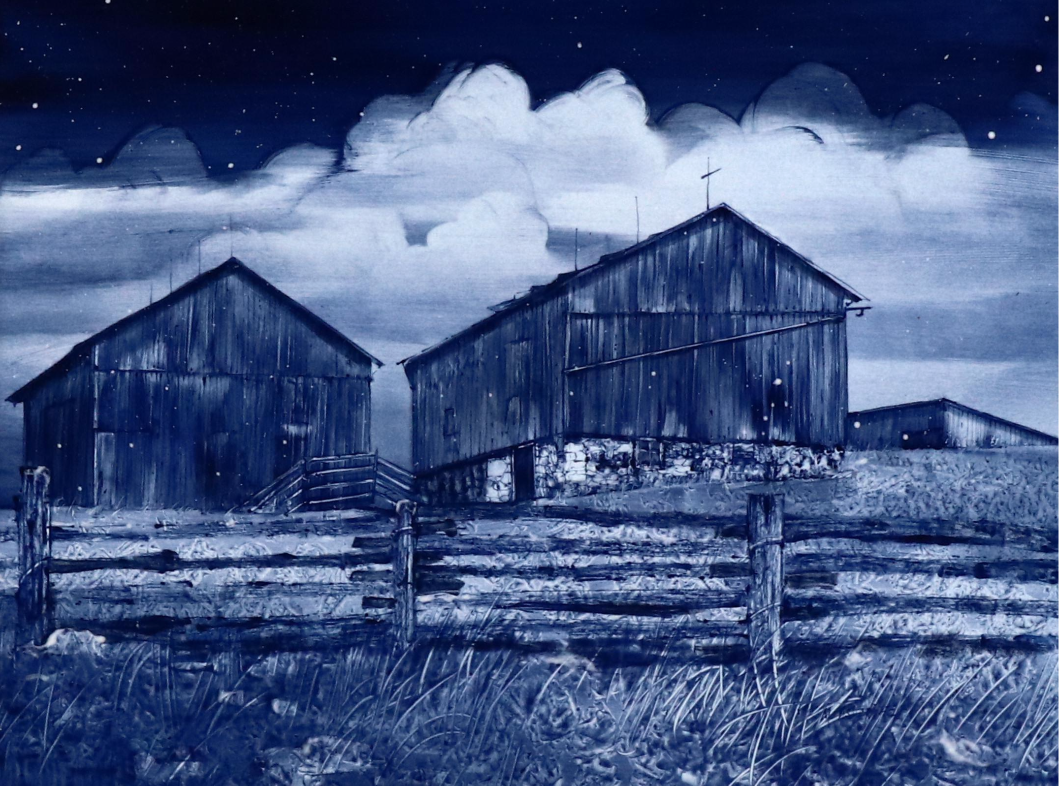 Hand-Painted Monochromatic Ceramic Tile of Farm Scene