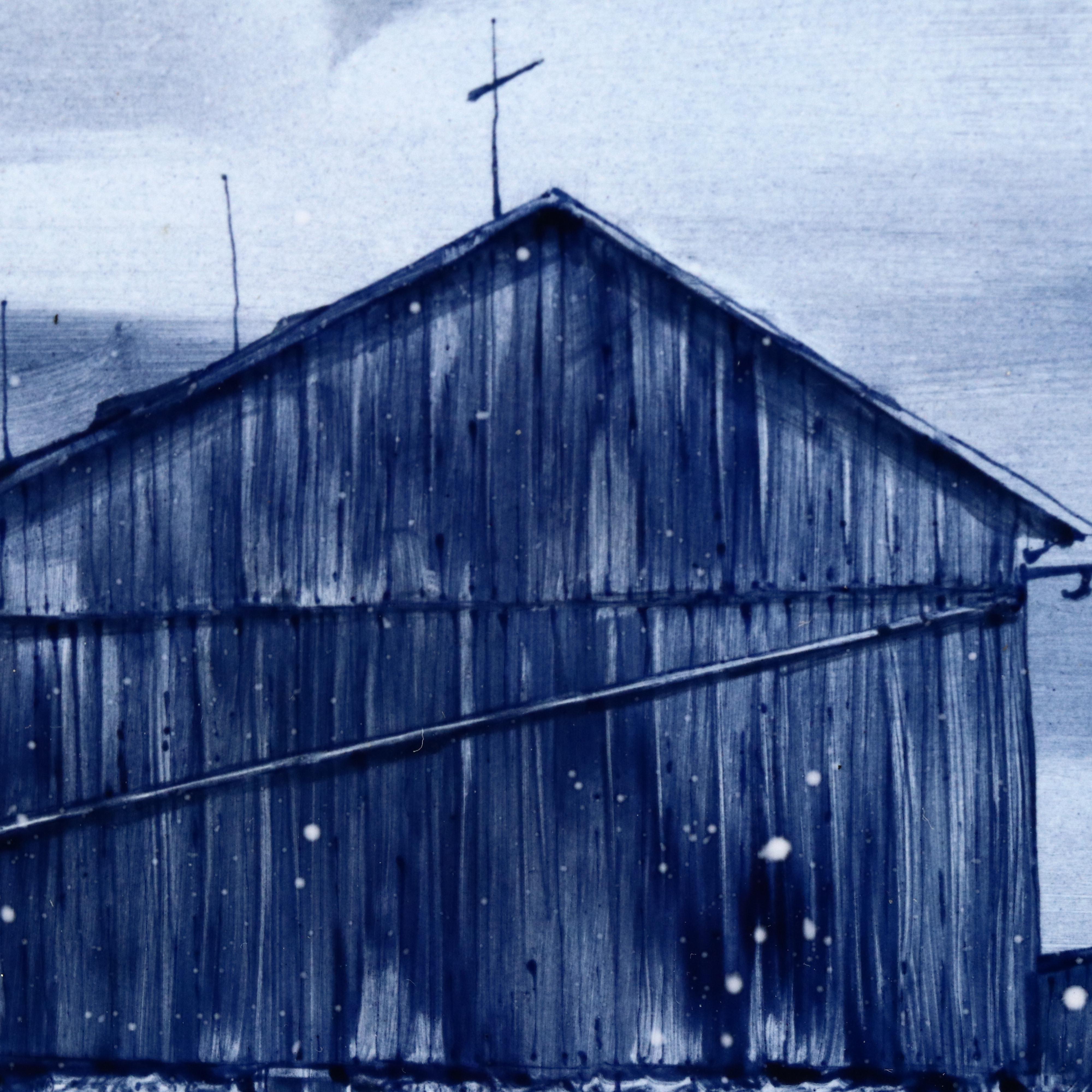 Hand-Painted Monochromatic Ceramic Tile of Farm Scene