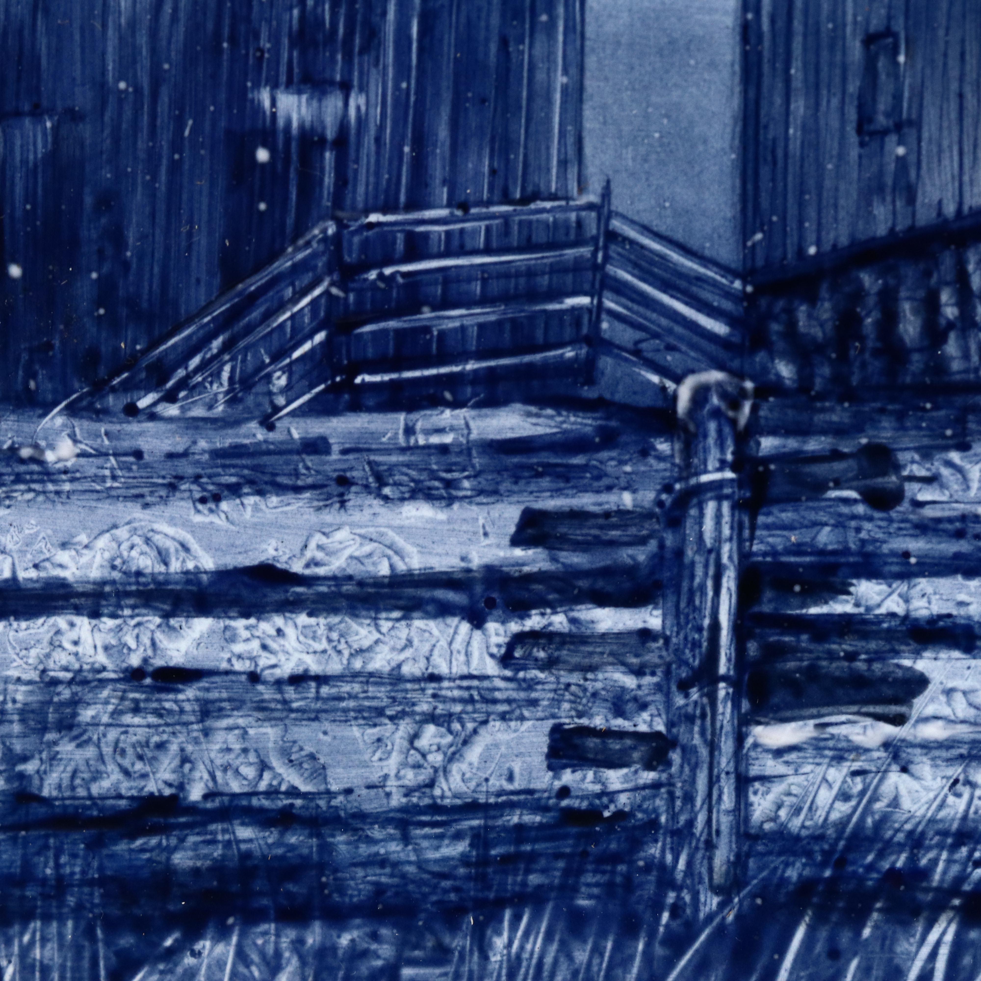 Hand-Painted Monochromatic Ceramic Tile of Farm Scene