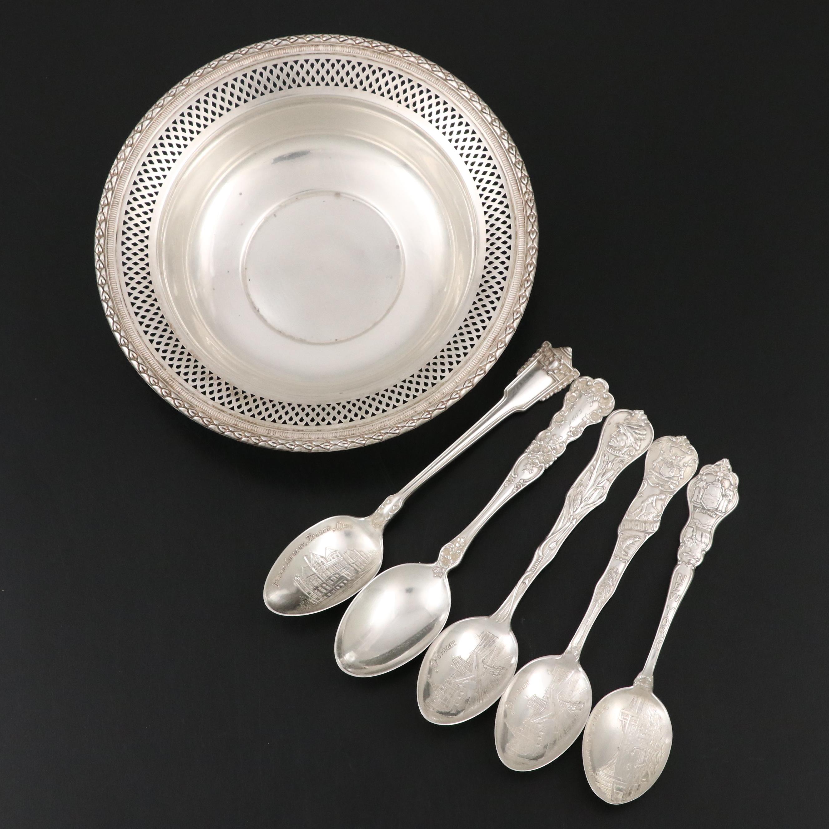 Fisher Sterling Silver Dish with Gorham "Buttercup" and Other Souvenir Spoons