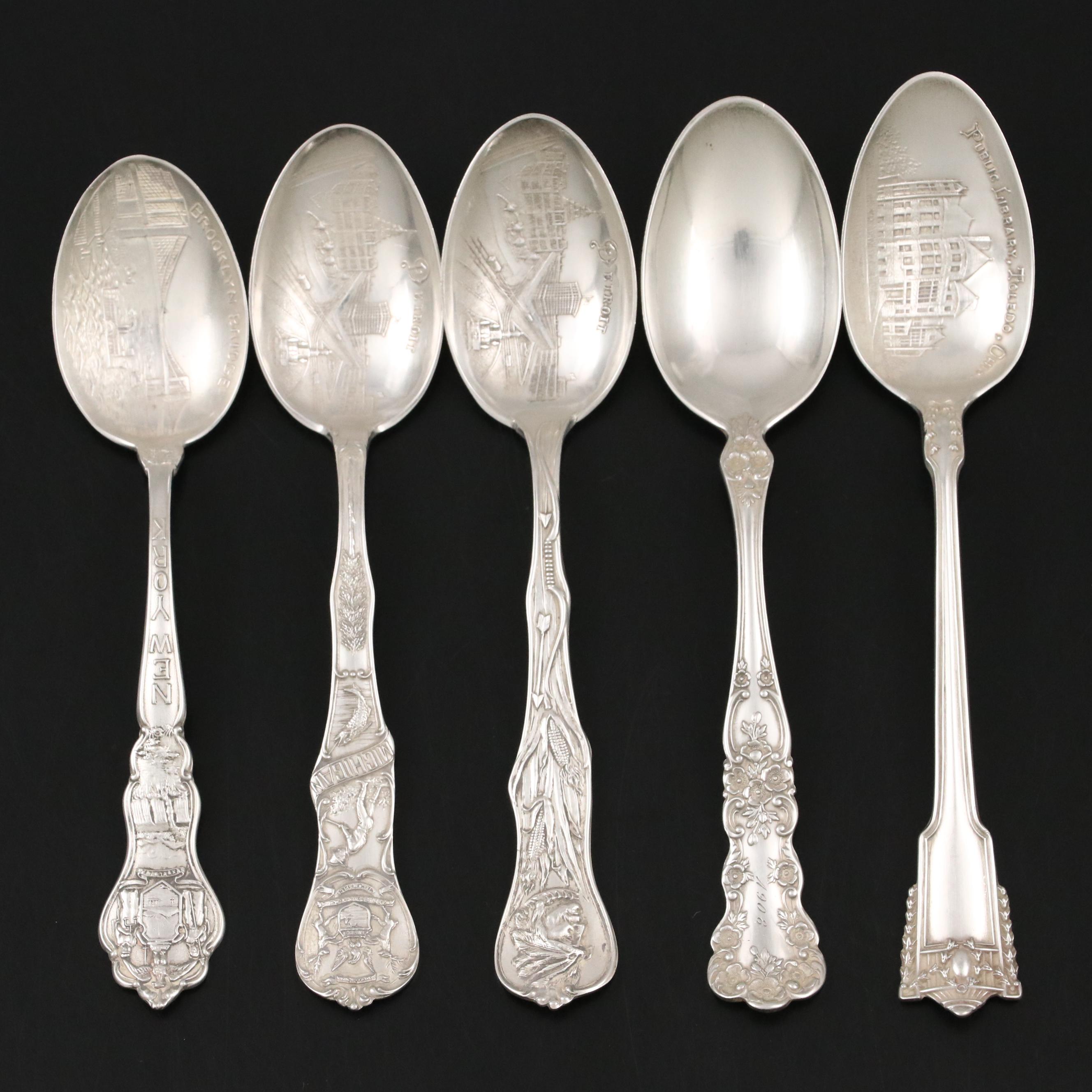 Fisher Sterling Silver Dish with Gorham "Buttercup" and Other Souvenir Spoons