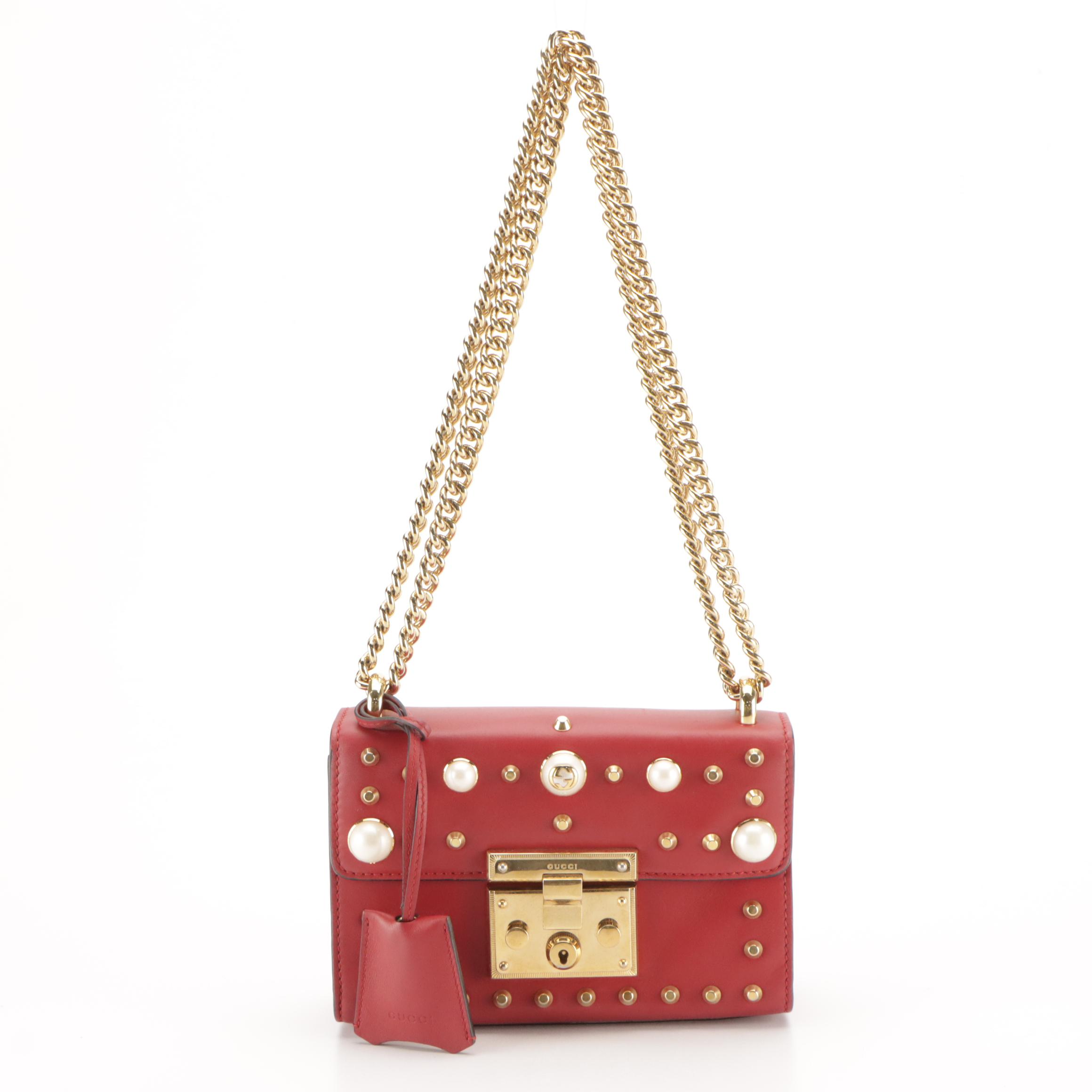 Gucci Pearl Studded Padlock Shoulder Bag in Red Leather