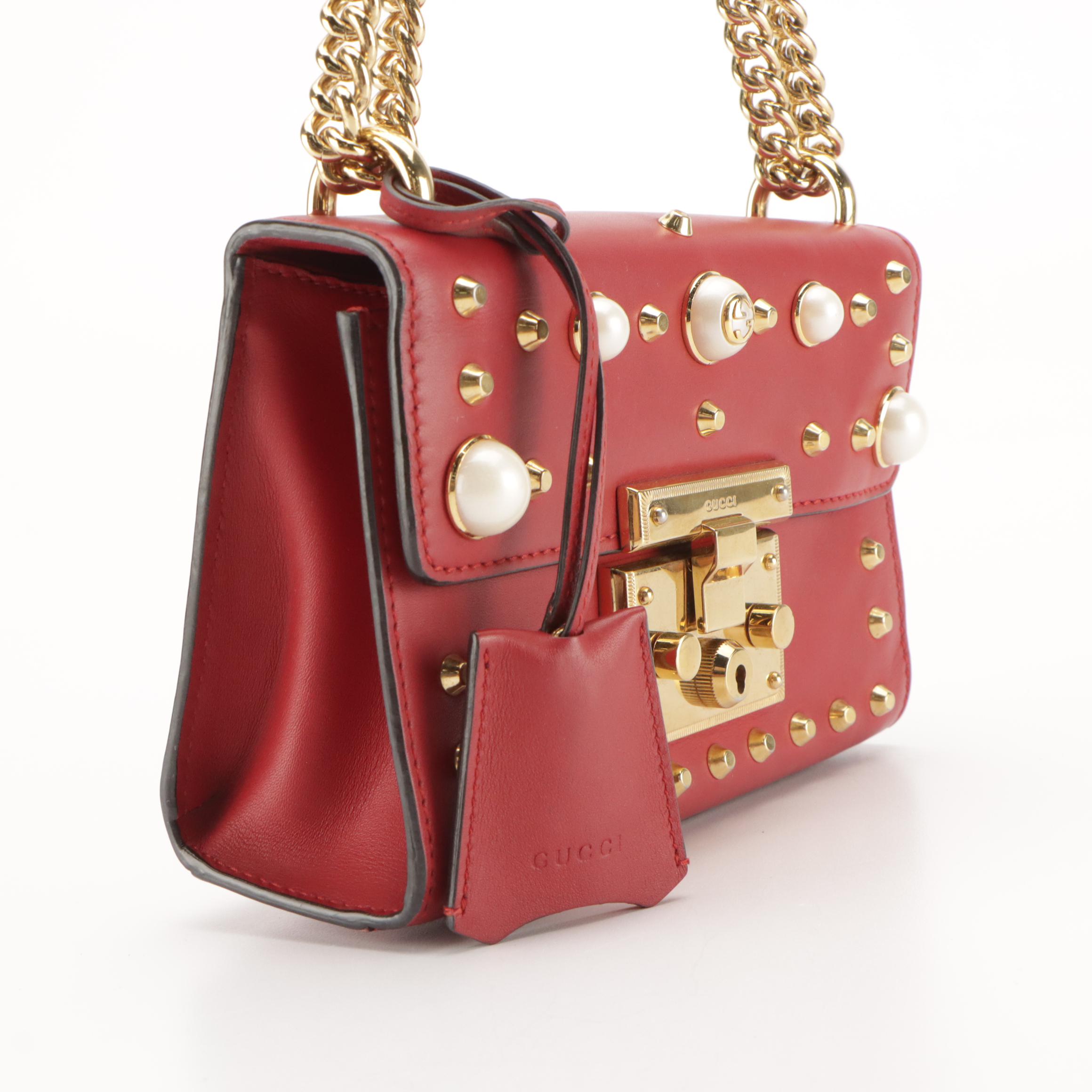 Gucci Pearl Studded Padlock Shoulder Bag in Red Leather