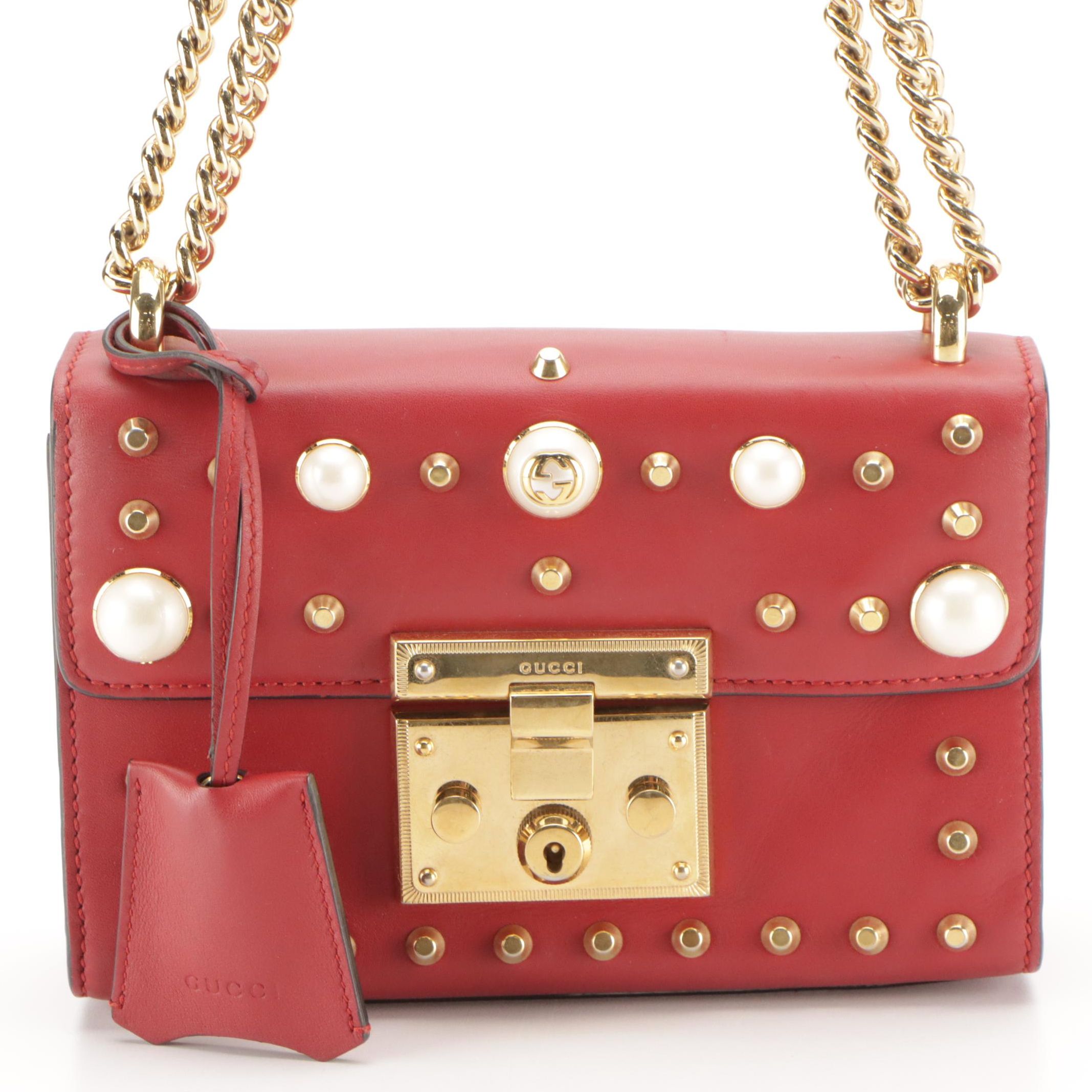 Gucci Pearl Studded Padlock Shoulder Bag in Red Leather