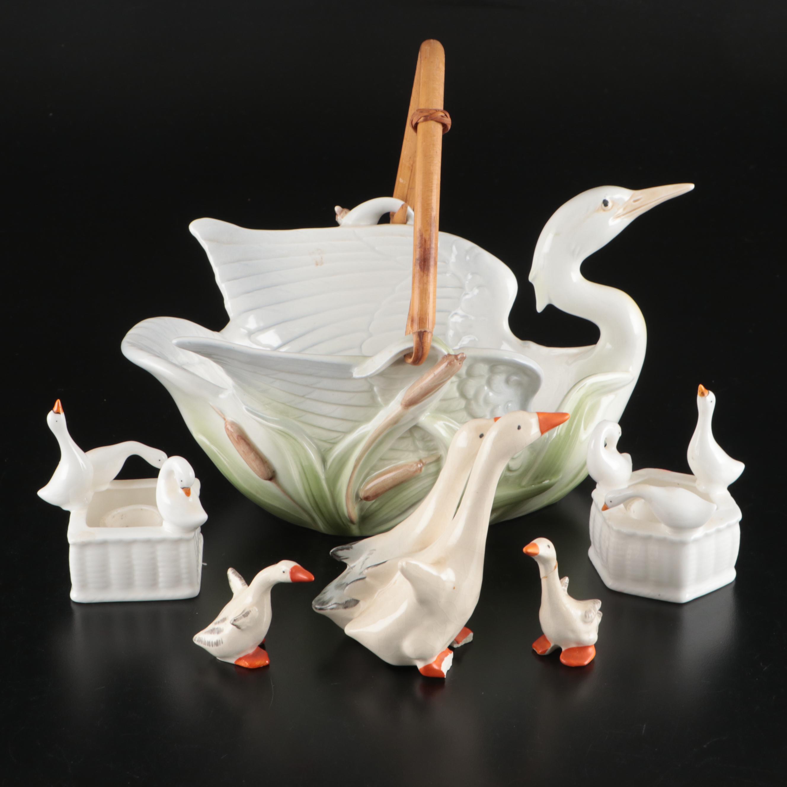 Fitz and Floyd "Heron" Basket, Kurt S. Adler Candle Holders and Other Figurines