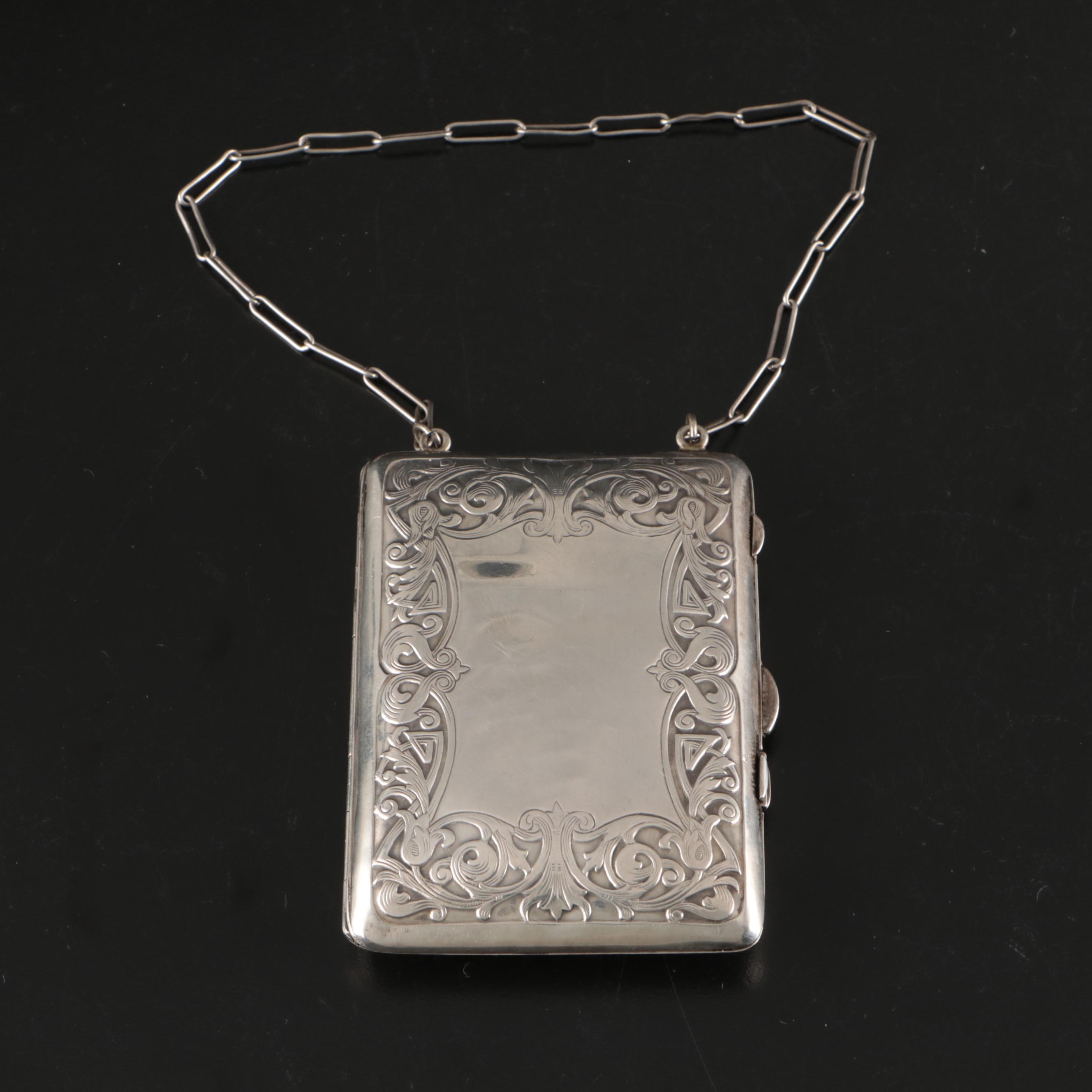 Late Victorian Style Sterling Silver Repoussé Combination Compact Purse