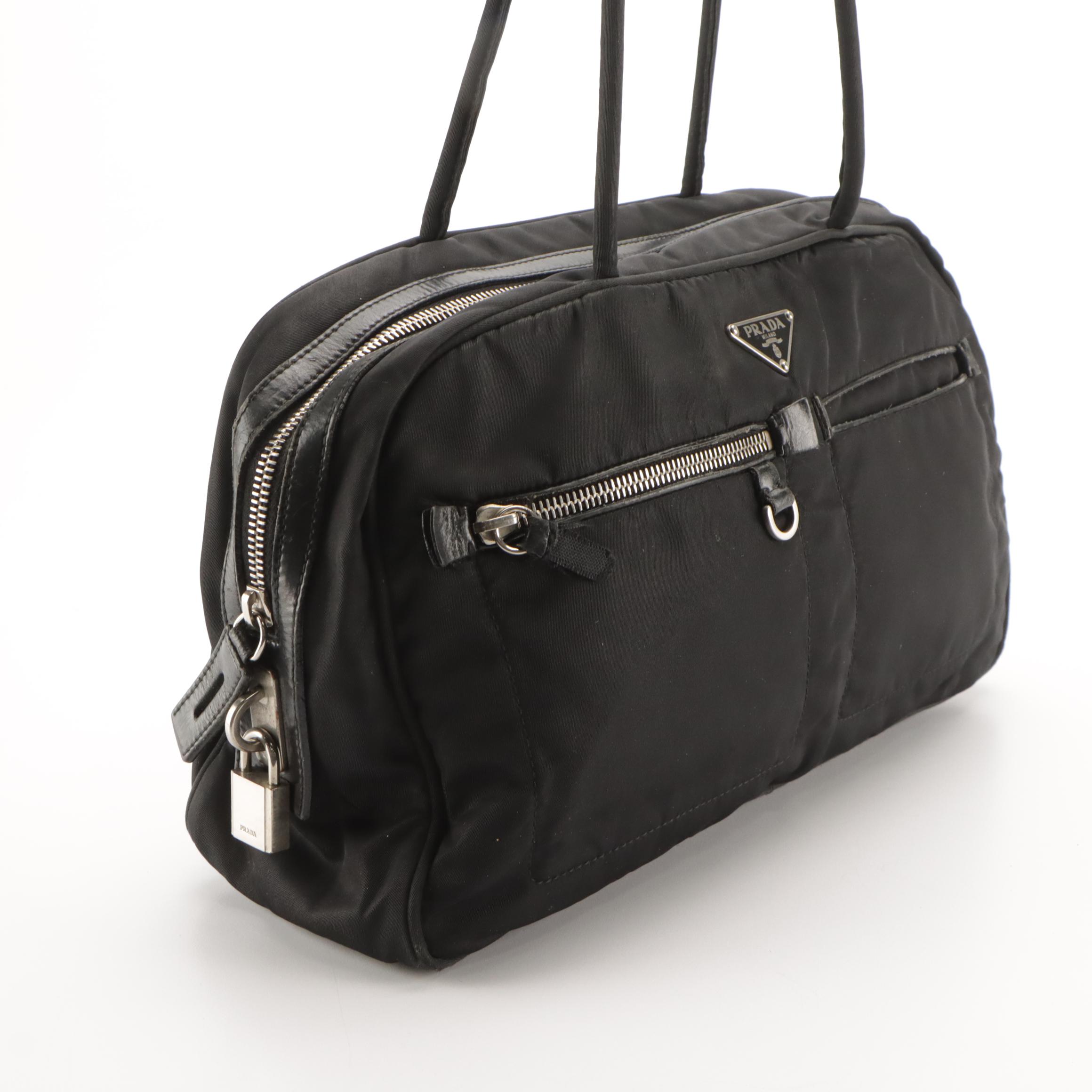 Prada Double Pocket Shoulder Bag in Black Nylon and Leather Trim