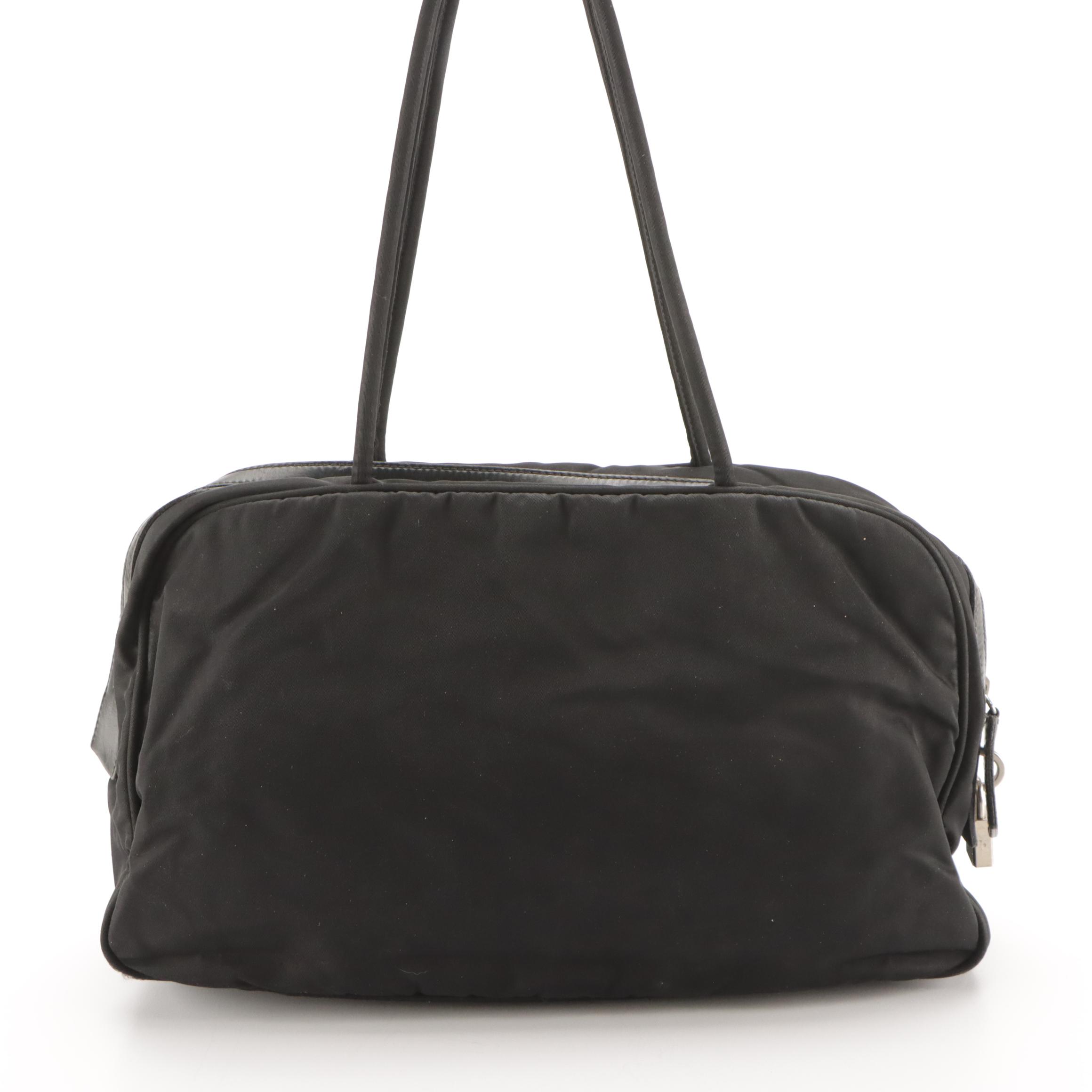 Prada Double Pocket Shoulder Bag in Black Nylon and Leather Trim