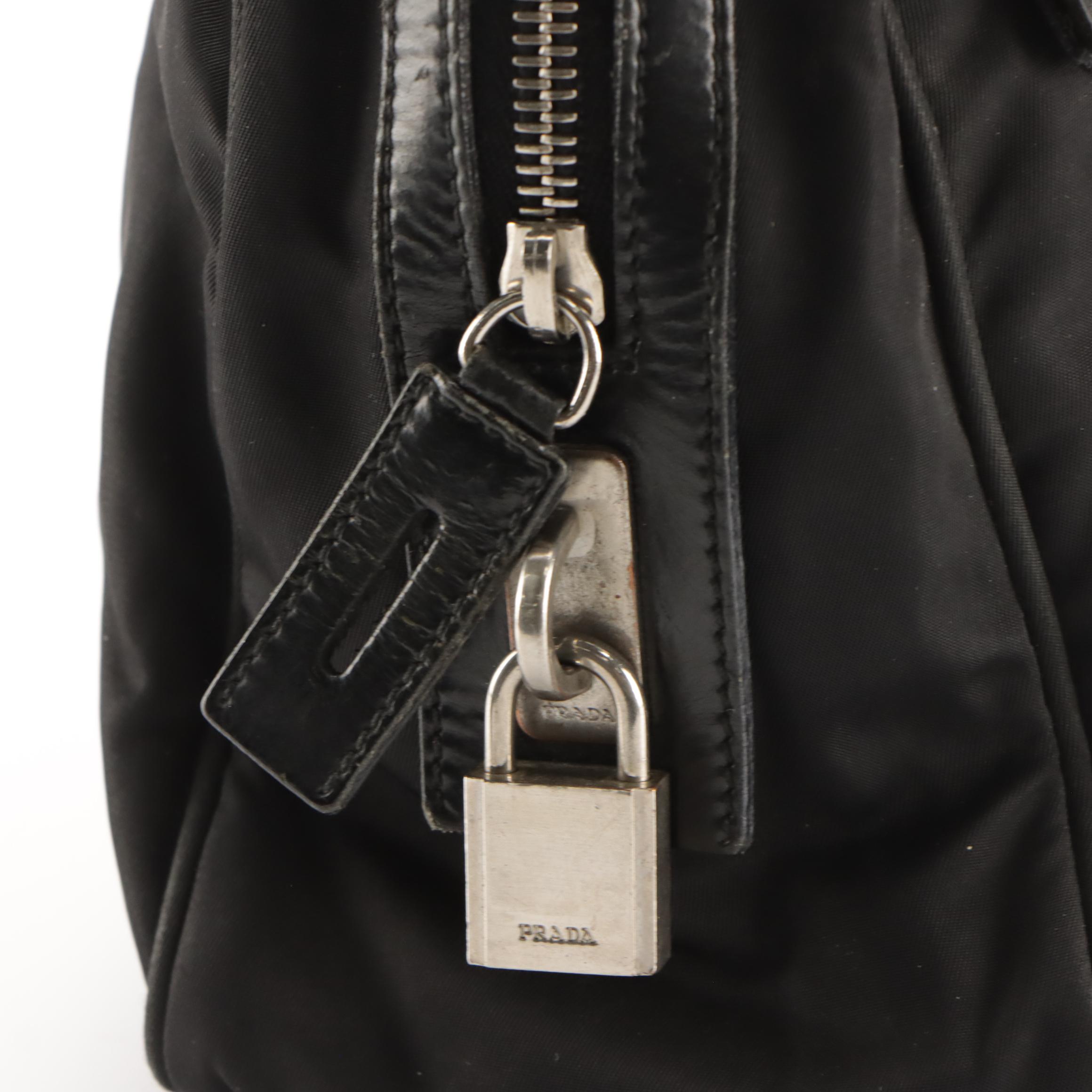 Prada Double Pocket Shoulder Bag in Black Nylon and Leather Trim