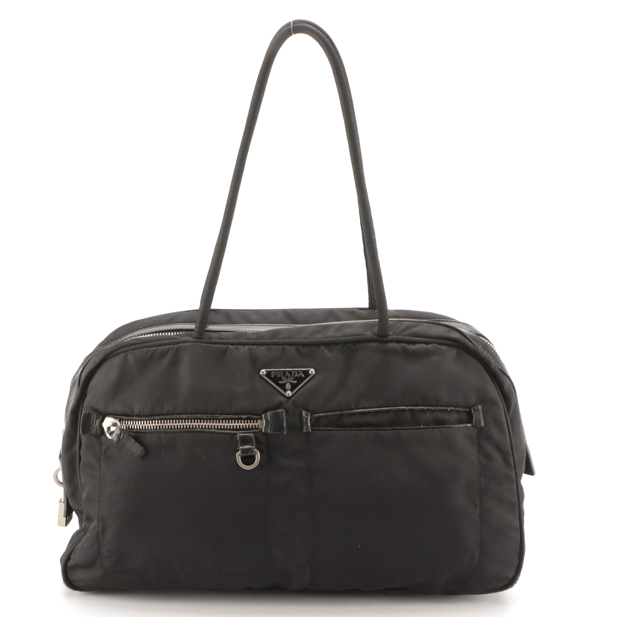 Prada Double Pocket Shoulder Bag in Black Nylon and Leather Trim