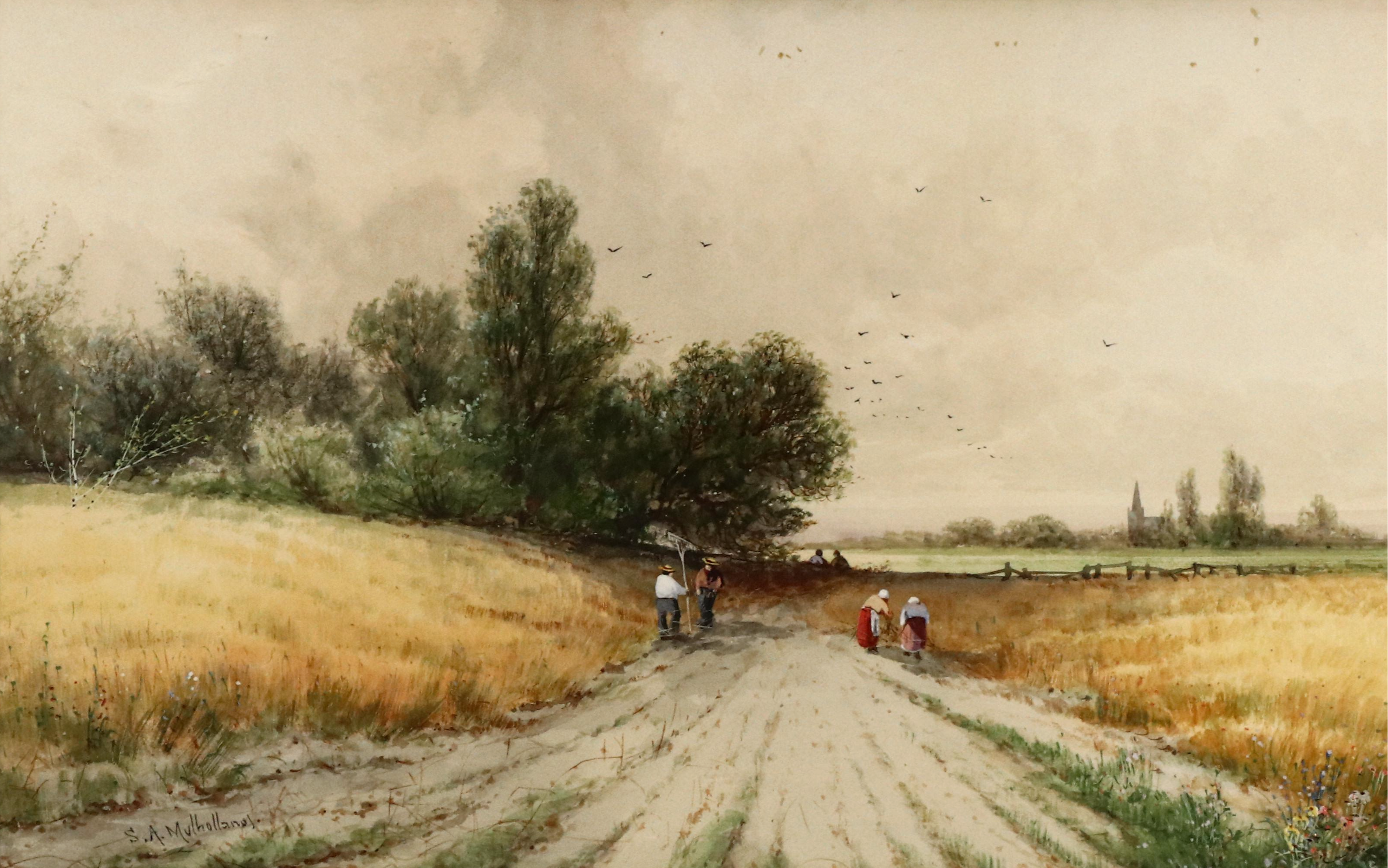 Sydney A. Mulholland Watercolor and Gouache Painting of Field Workers