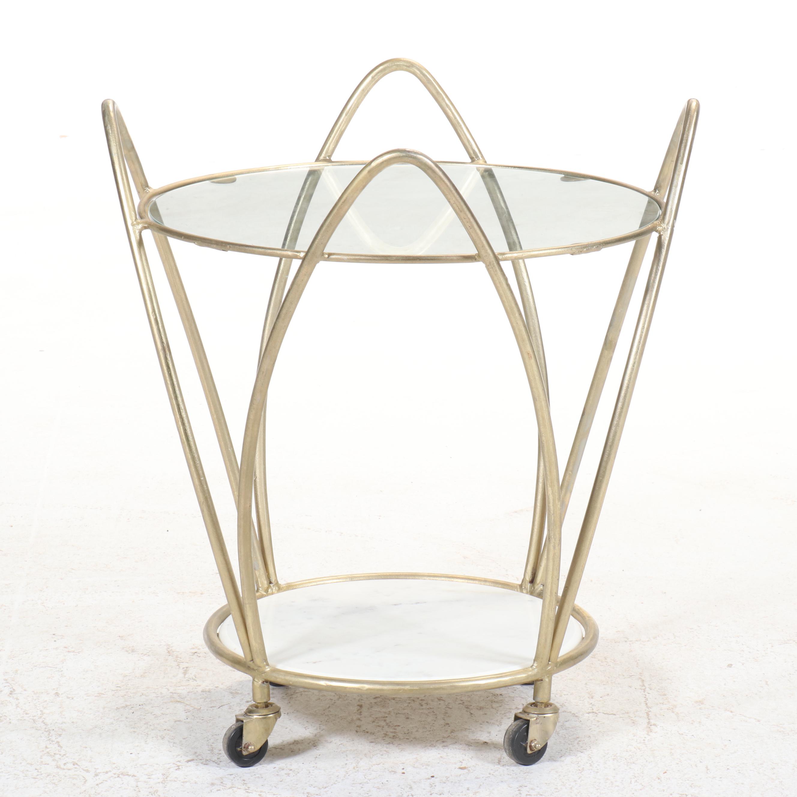 Mid Century Modern Style Glass Top Tulip-Shaped Side Table on Wheels