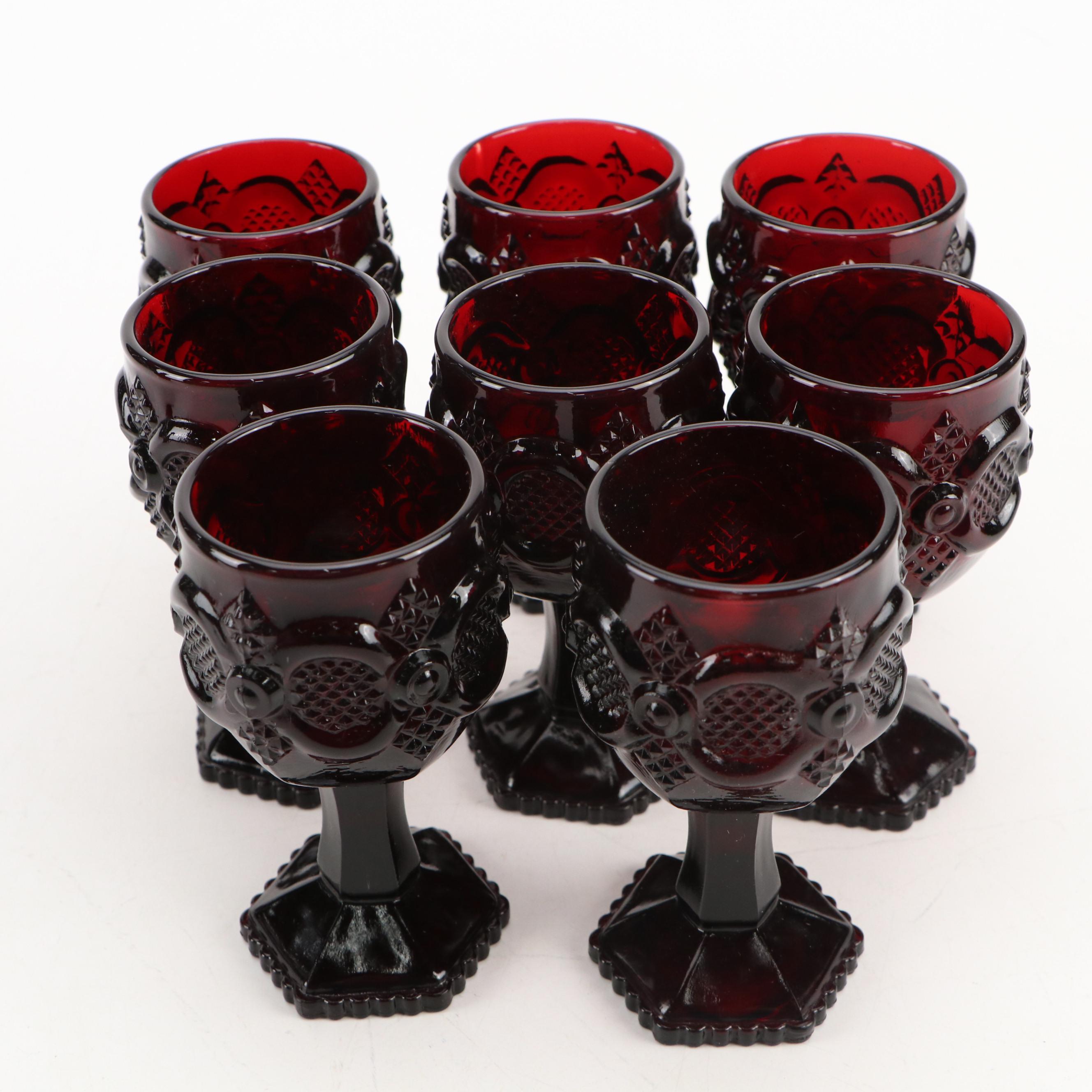 Avon Ruby Glass Decanter and Stemware with Ceramic Spooner