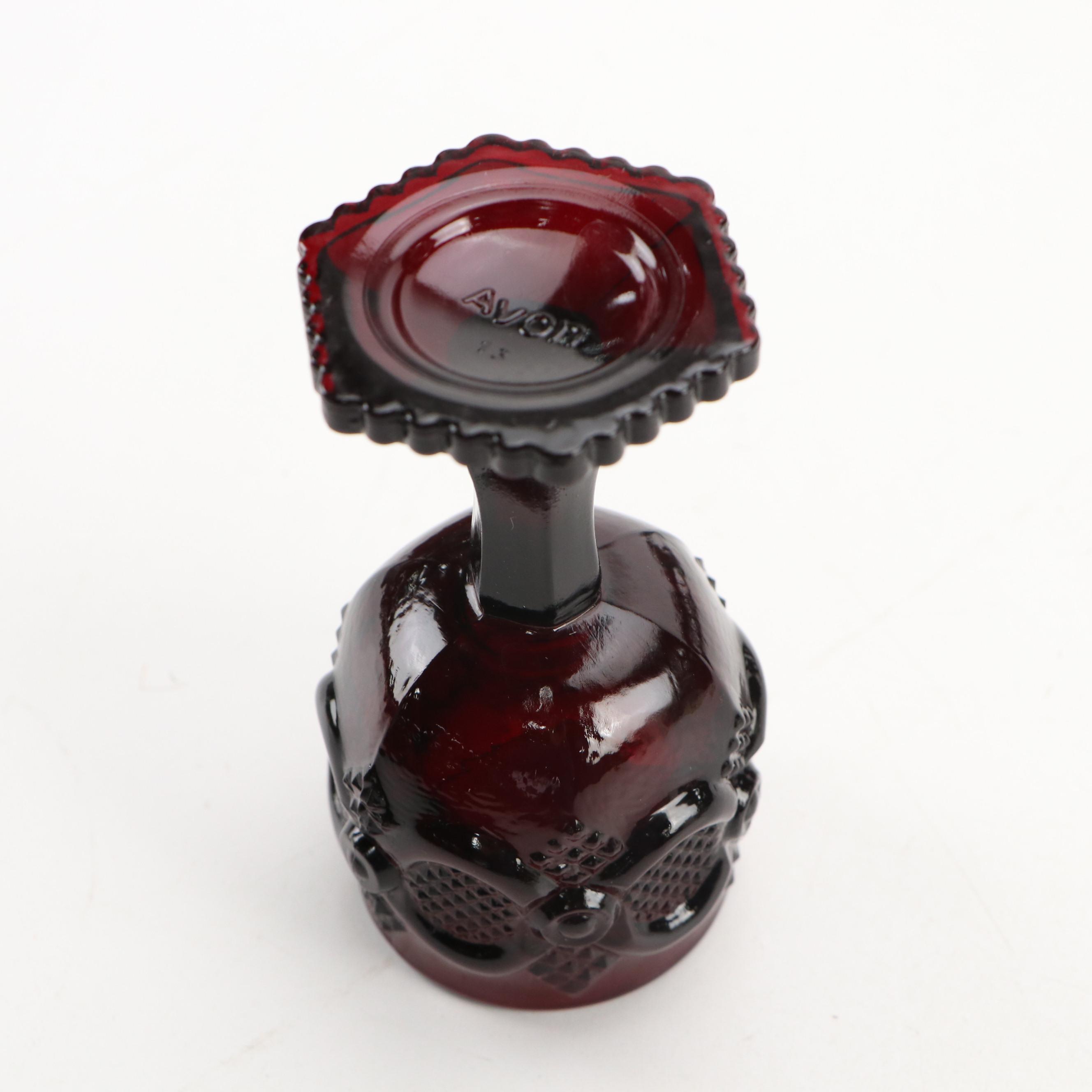 Avon Ruby Glass Decanter and Stemware with Ceramic Spooner