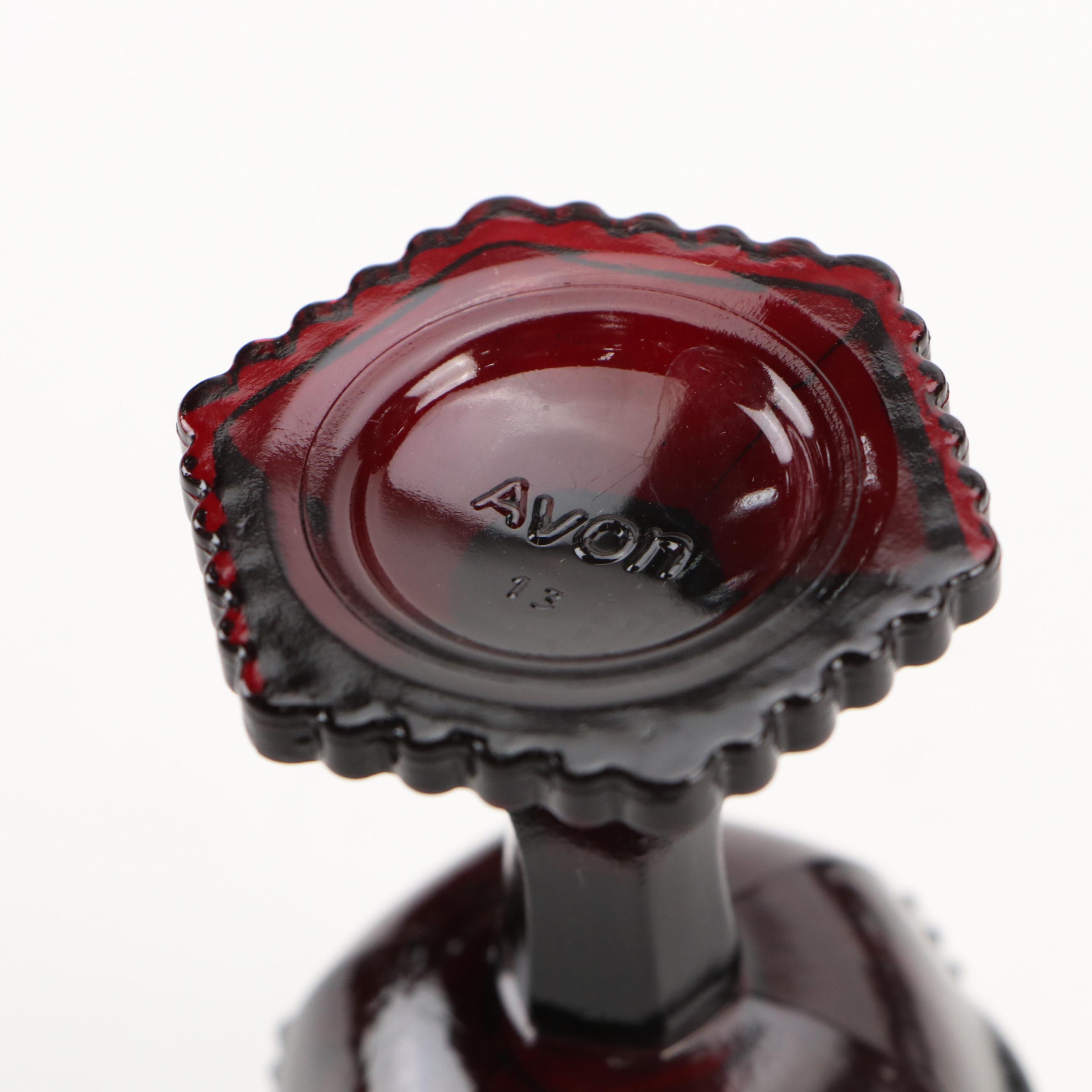 Avon Ruby Glass Decanter and Stemware with Ceramic Spooner