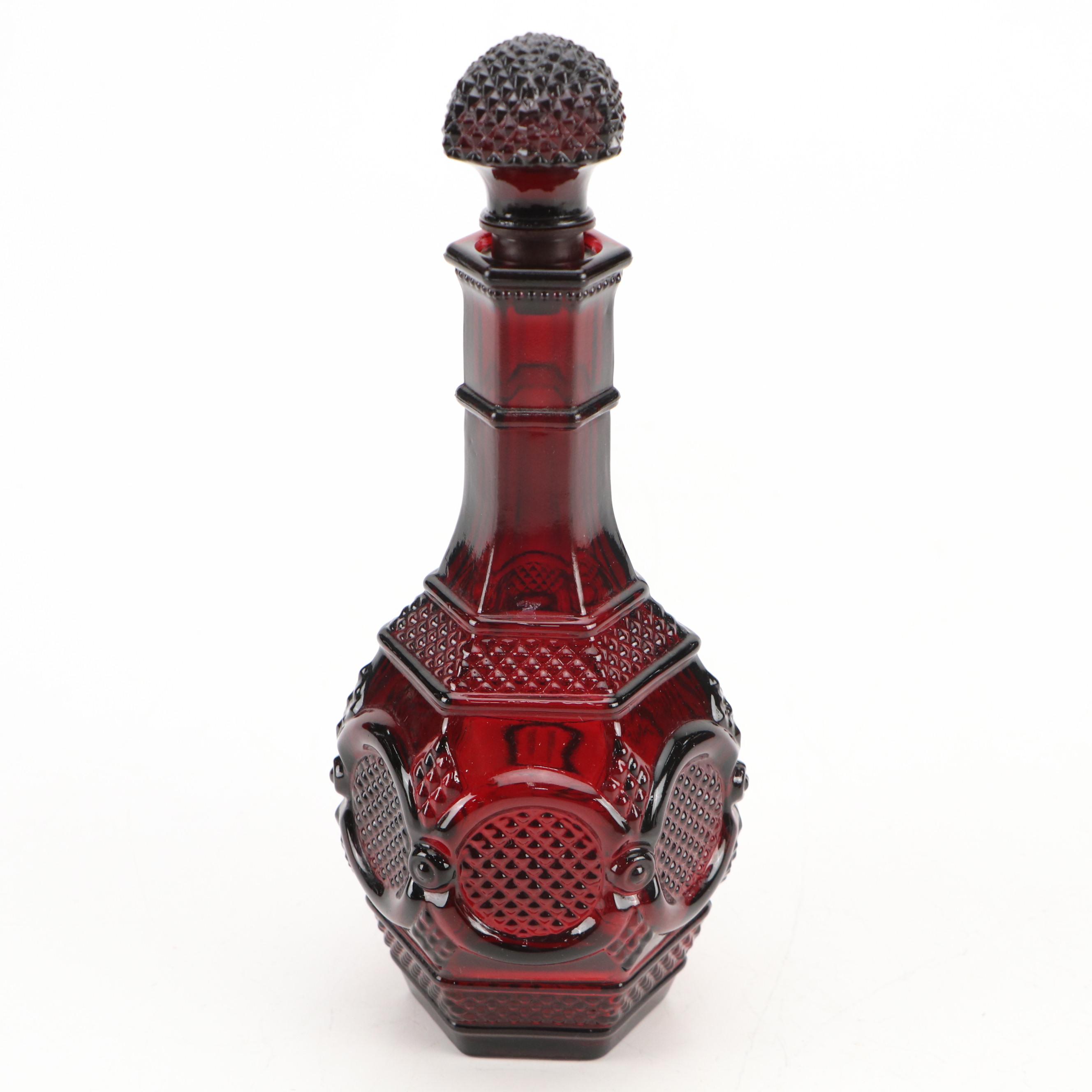 Avon Ruby Glass Decanter and Stemware with Ceramic Spooner